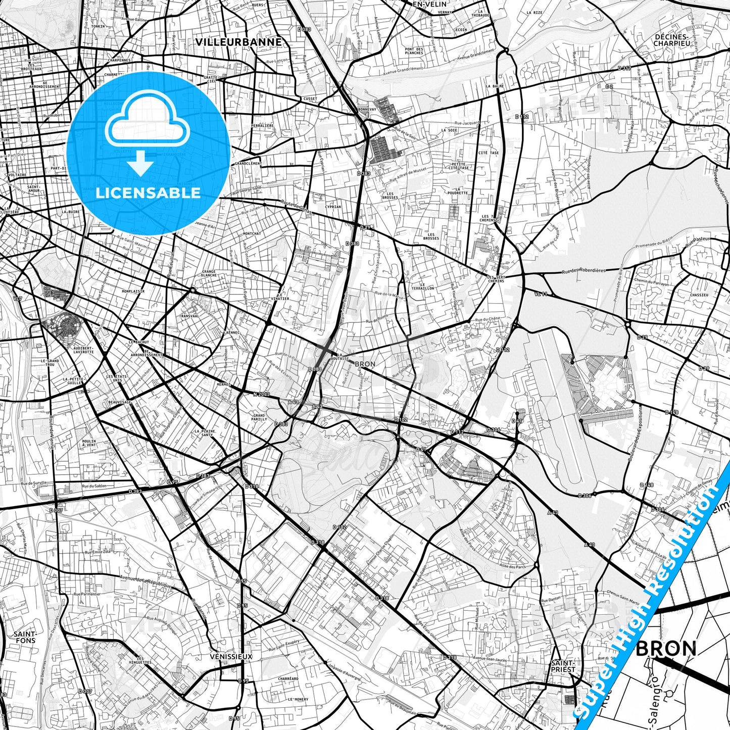 Bron, France Light Map with Street Names, City Names, and Districts