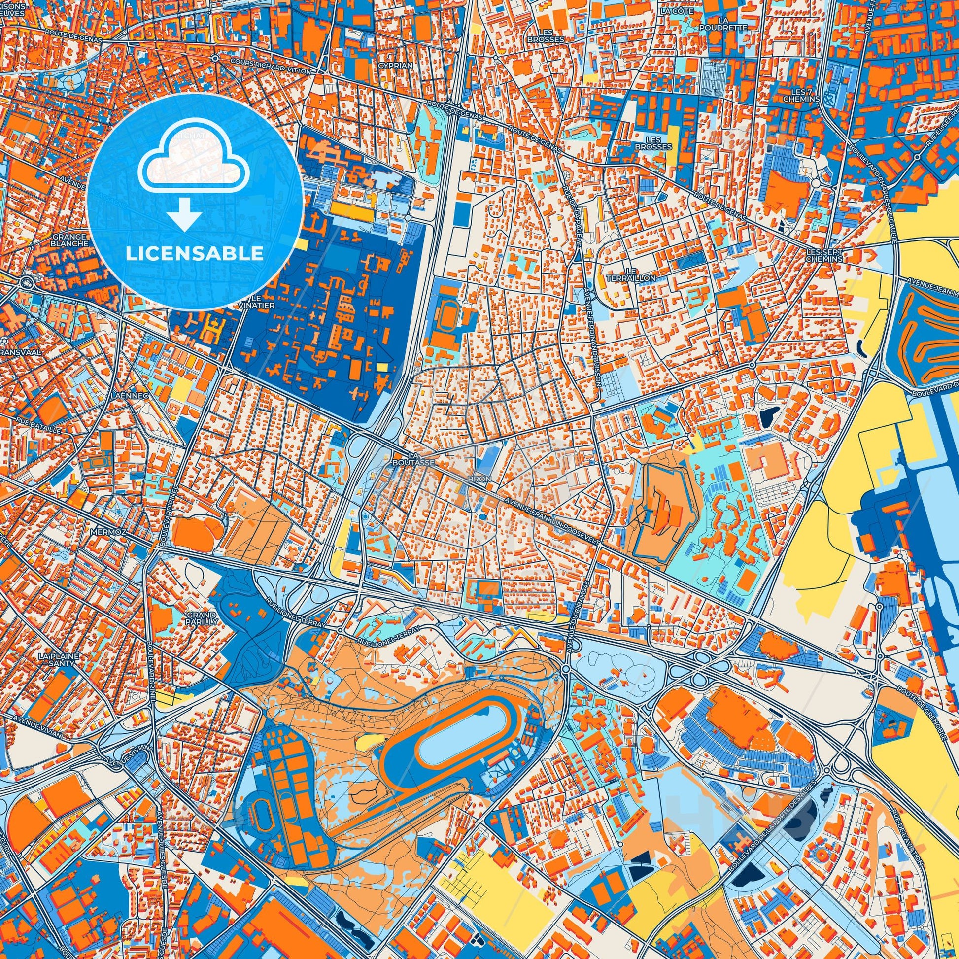 Colorful Bron Street Map with Labels and Buildings