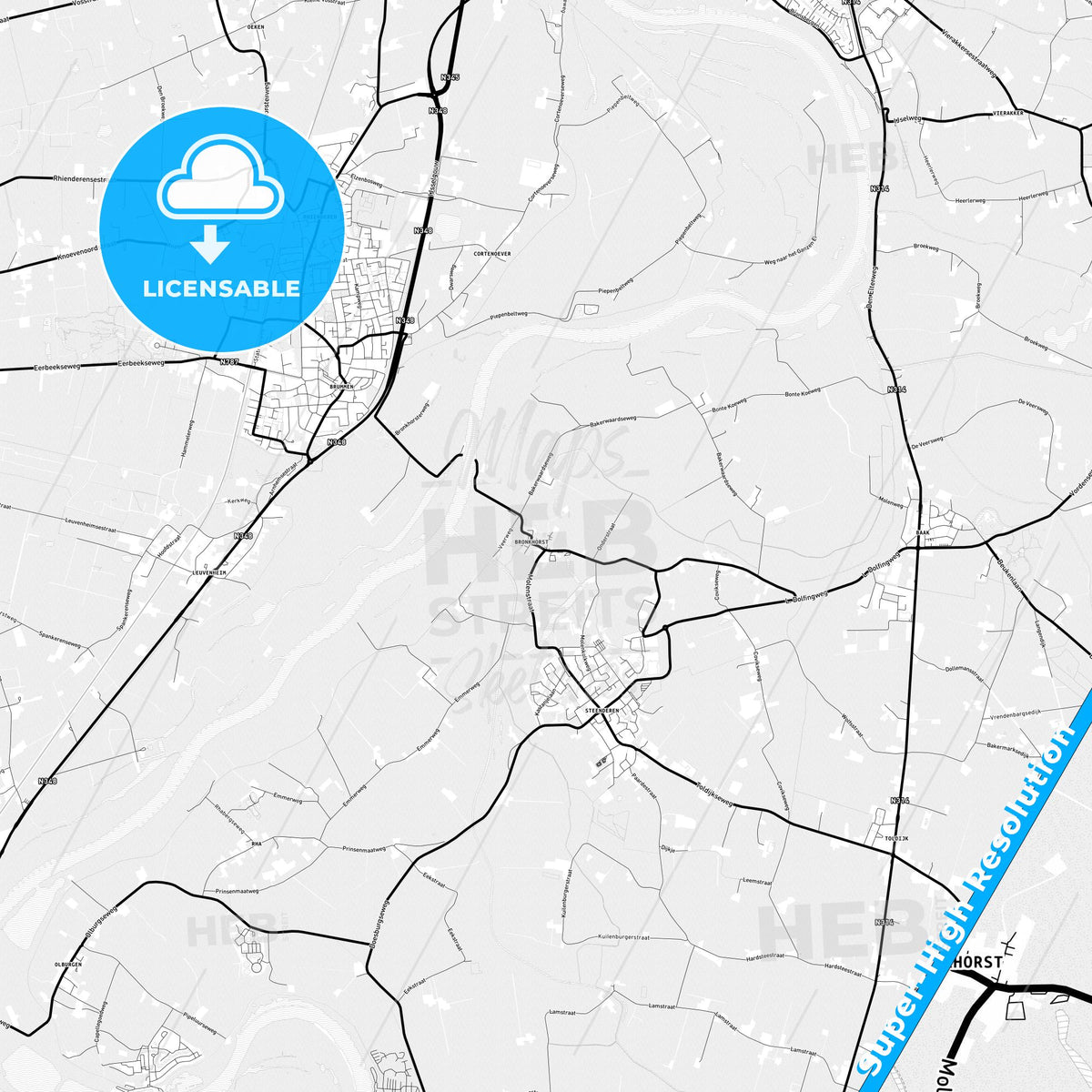 Bronckhorst, Netherlands Light Map with Street Names, City Names, and Districts