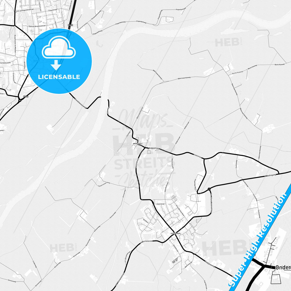 Bronckhorst, Netherlands Light Map with Street Names, City Names, and Districts