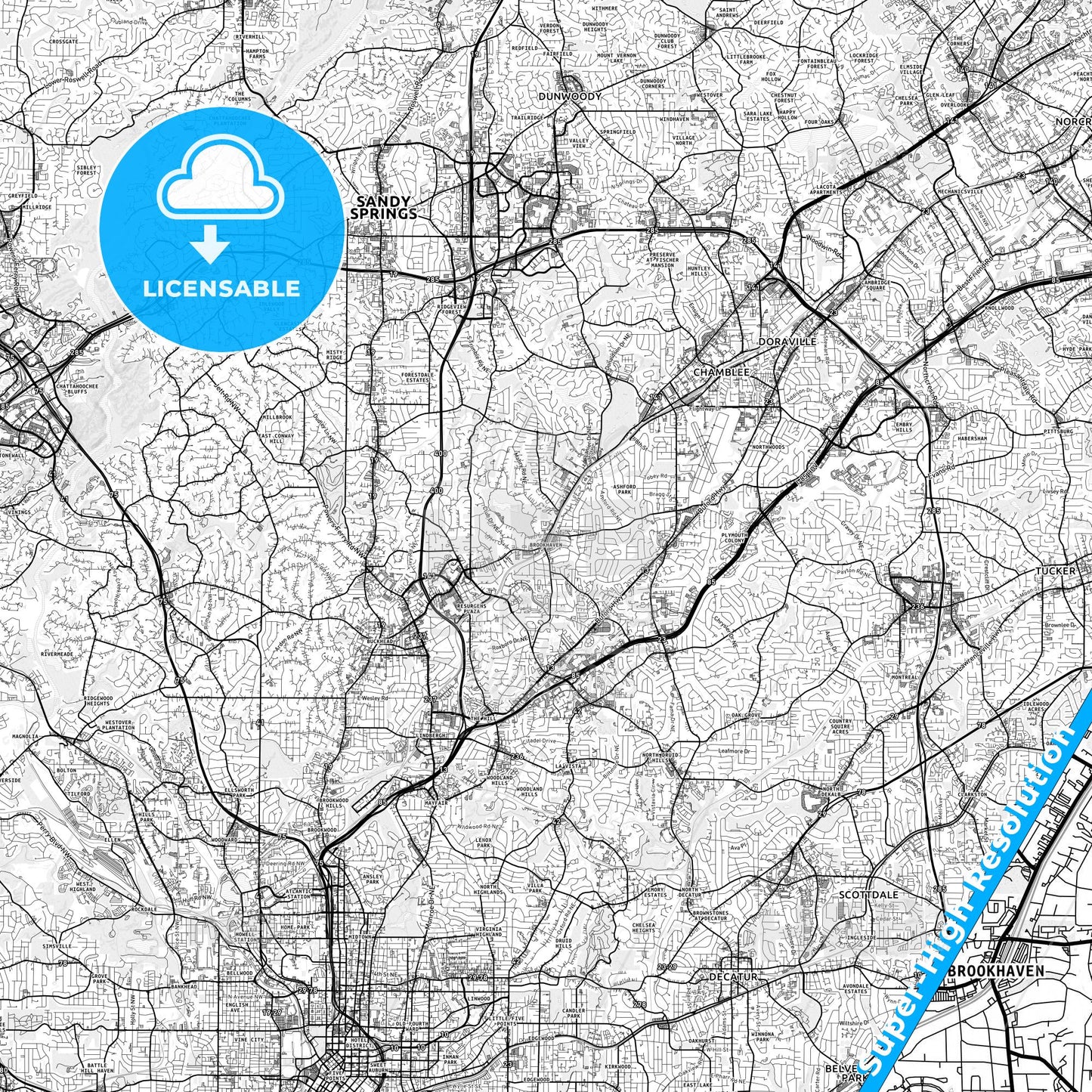 Brookhaven, Georgia light map with streetnames, citynames and districts