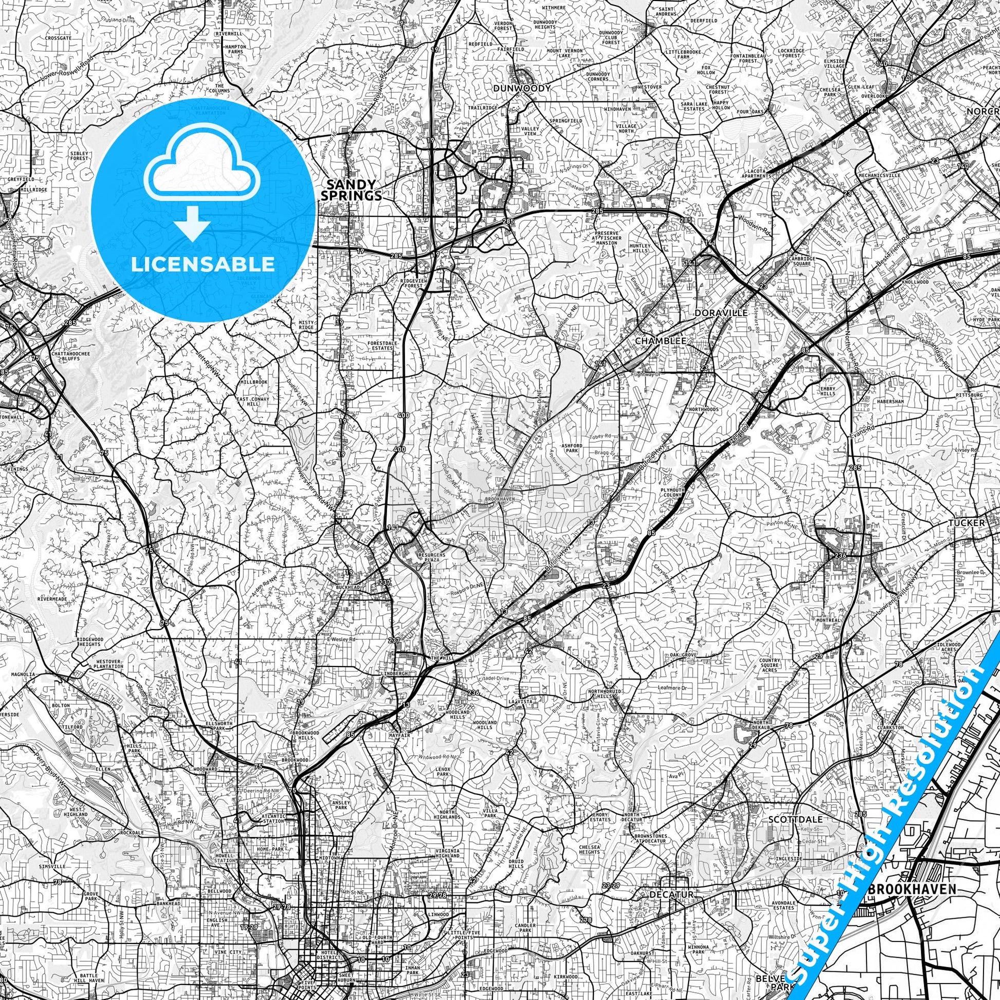 Brookhaven, Georgia light map with streetnames, citynames and districts