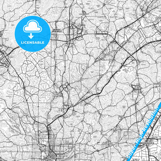 Brookhaven, Georgia light map with streetnames, citynames and districts