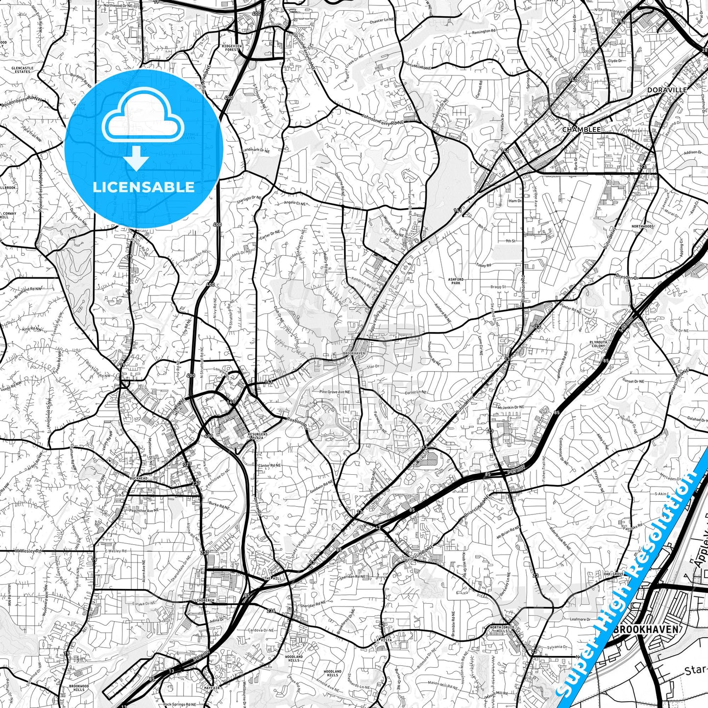 Brookhaven, Georgia Light Map with Street Names, City Names, and Districts