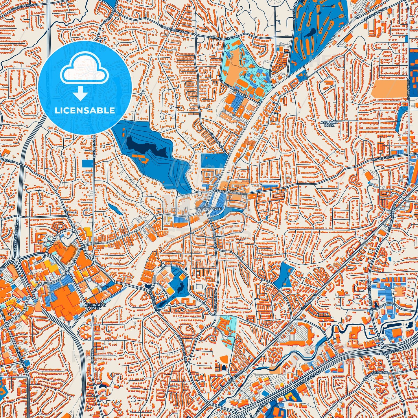 Colorful Brookhaven Street Map with Labels and Buildings