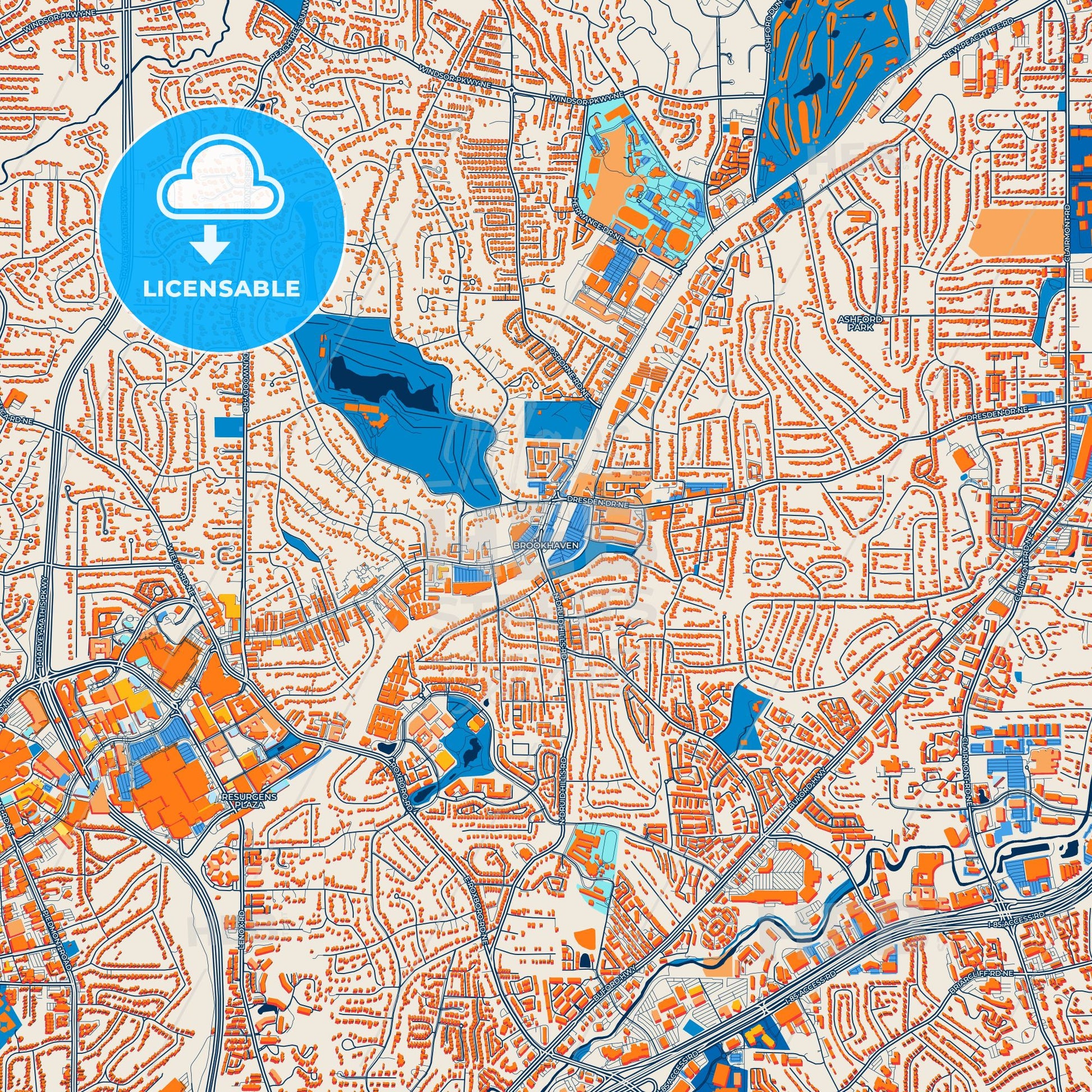 Colorful Brookhaven Street Map with Labels and Buildings