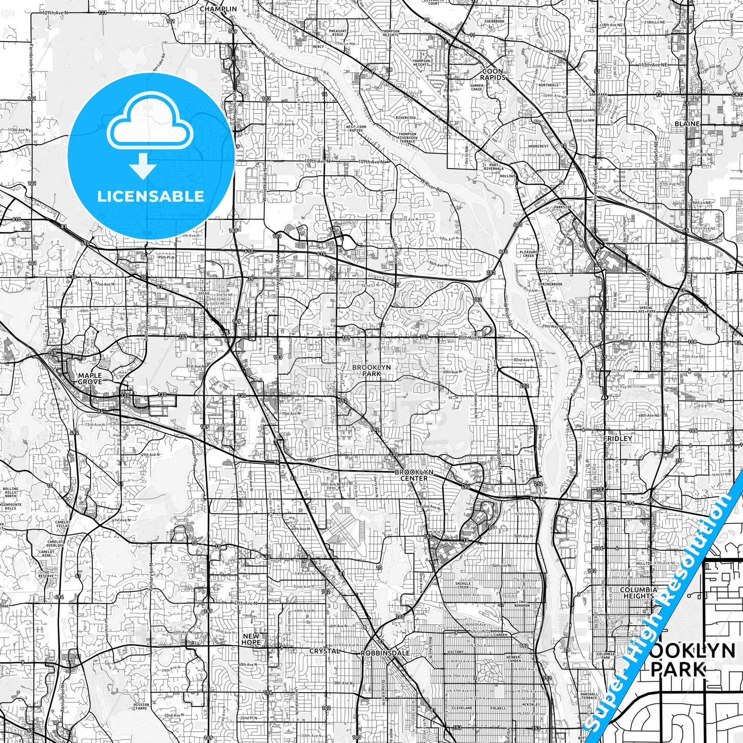 Brooklyn Park, Minnesota light map with streetnames, citynames and districts