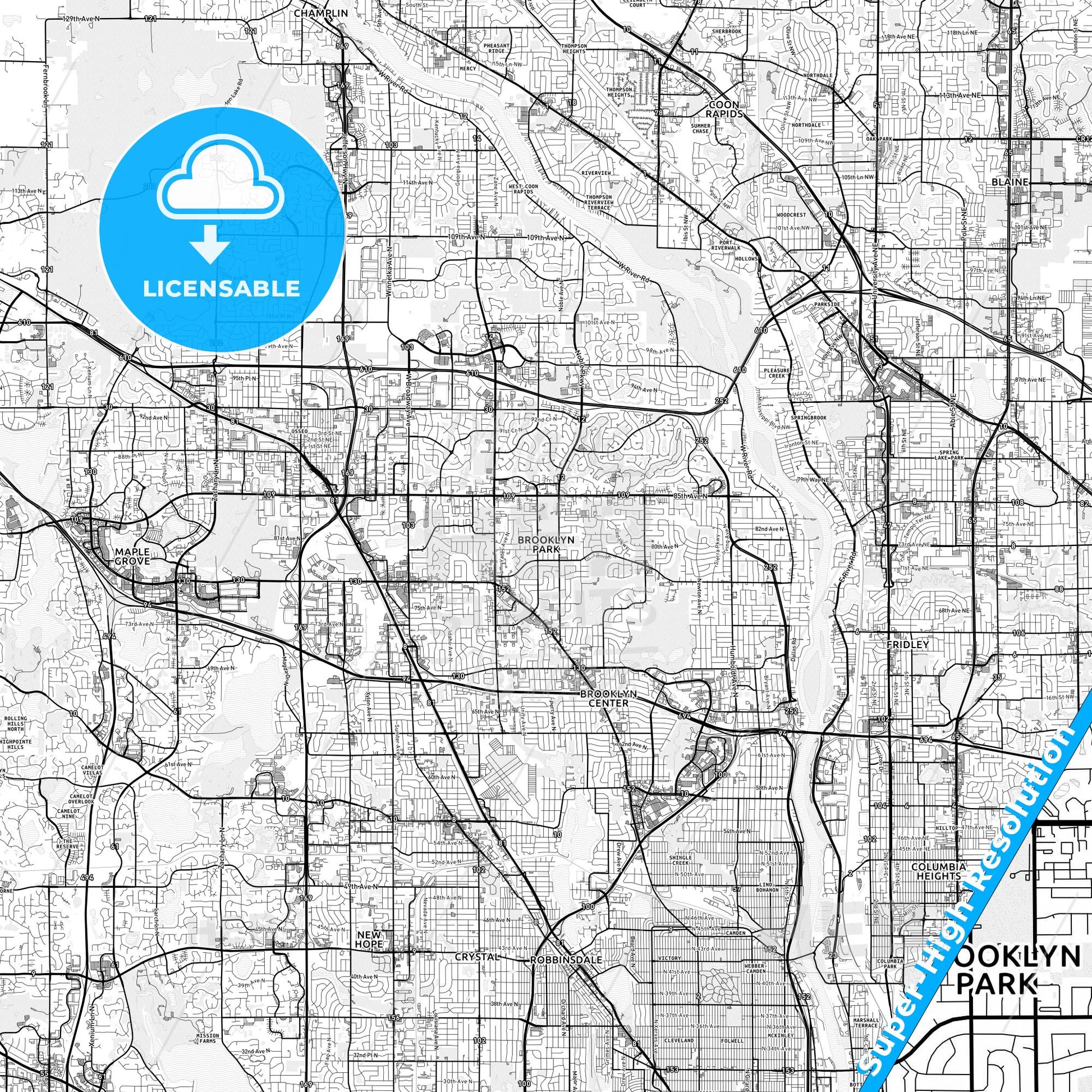 Brooklyn Park, Minnesota light map with streetnames, citynames and districts