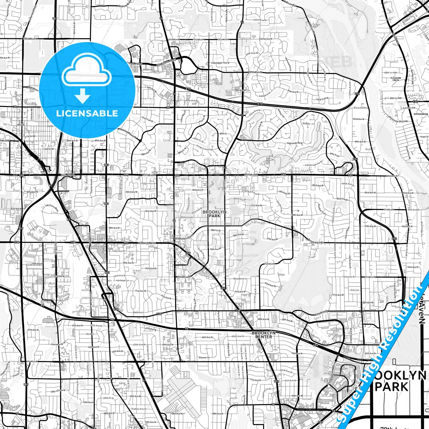 Brooklyn Park, Minnesota Light Map with Street Names, City Names, and Districts