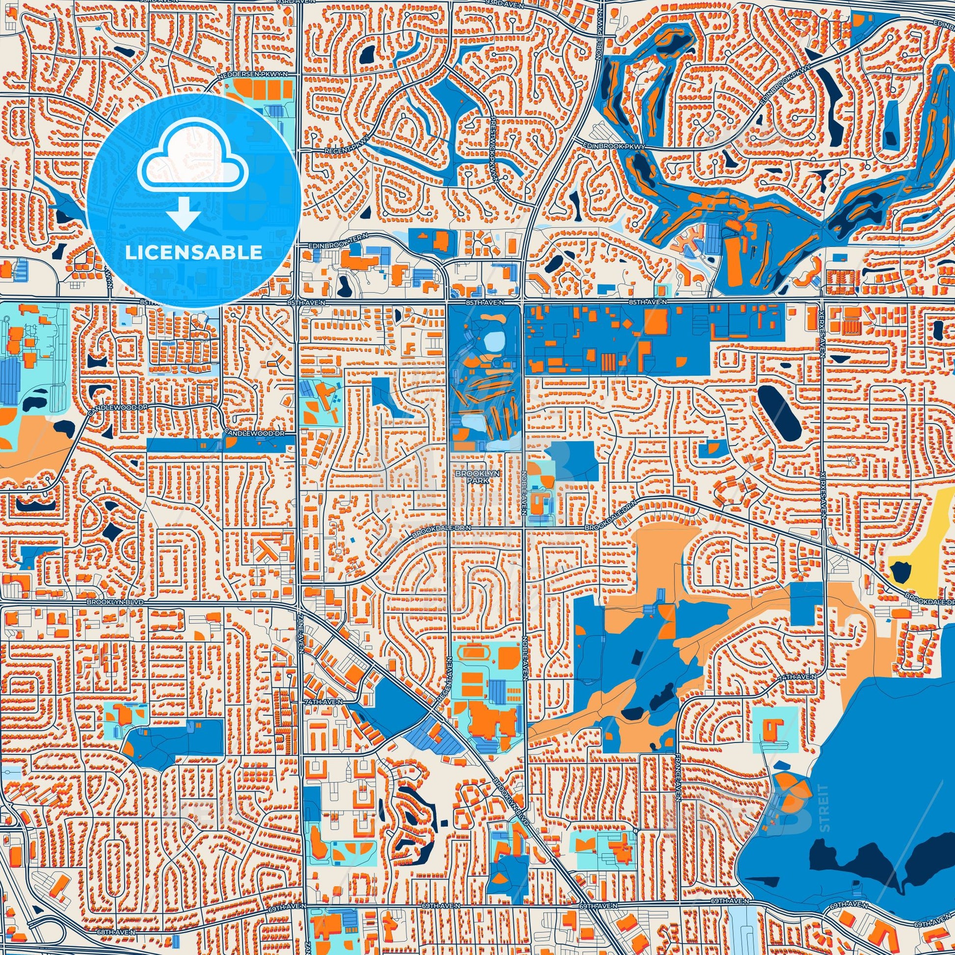 Colorful Brooklyn Park Street Map with Labels and Buildings