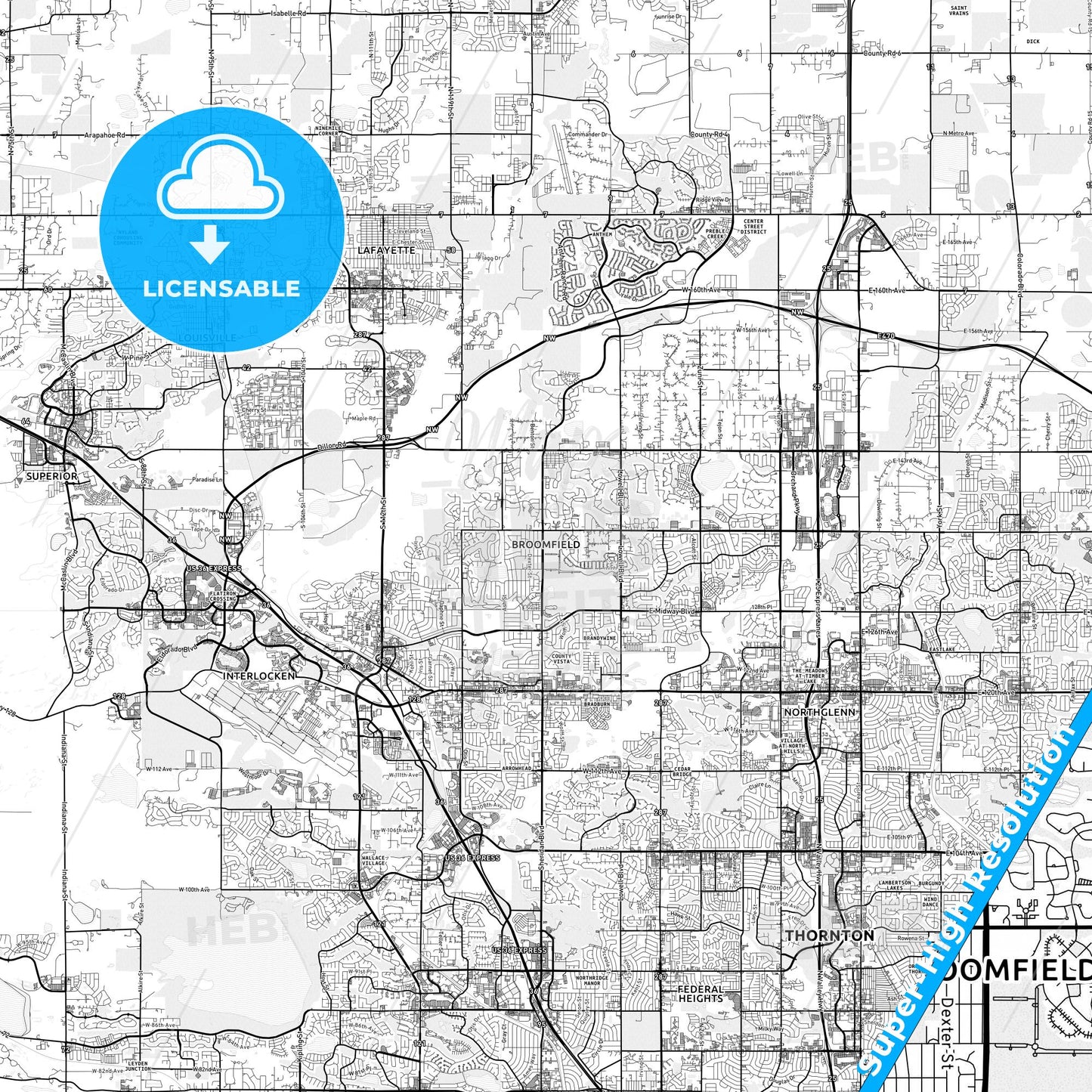 Broomfield, Colorado light map with streetnames, citynames and districts