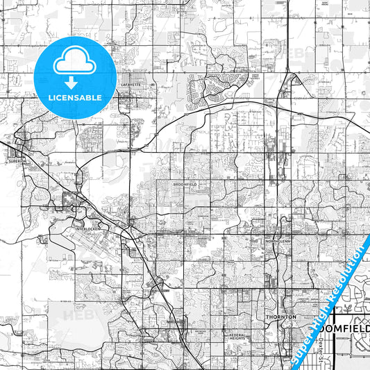 Broomfield, Colorado light map with streetnames, citynames and districts
