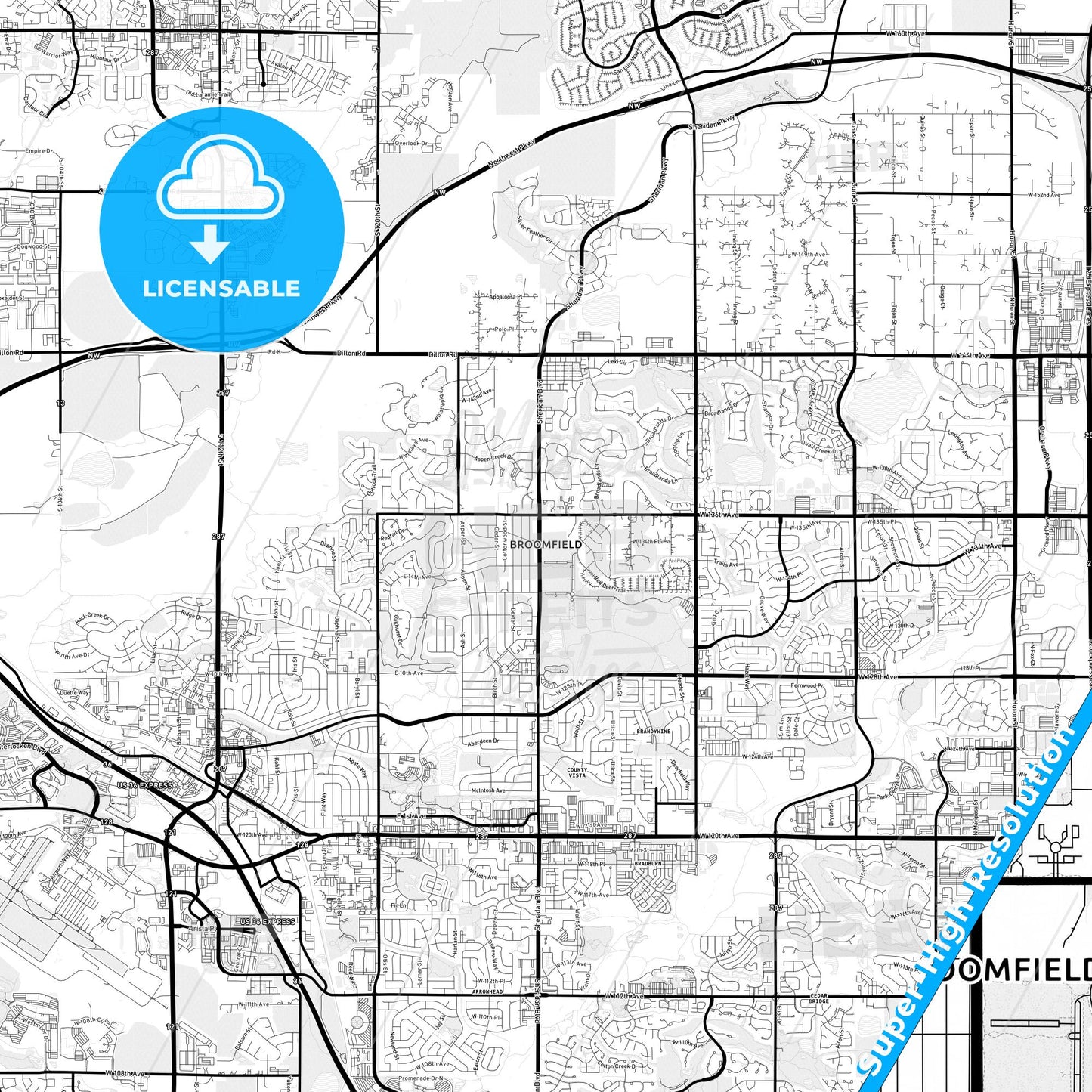 Broomfield, Colorado Light Map with Street Names, City Names, and Districts