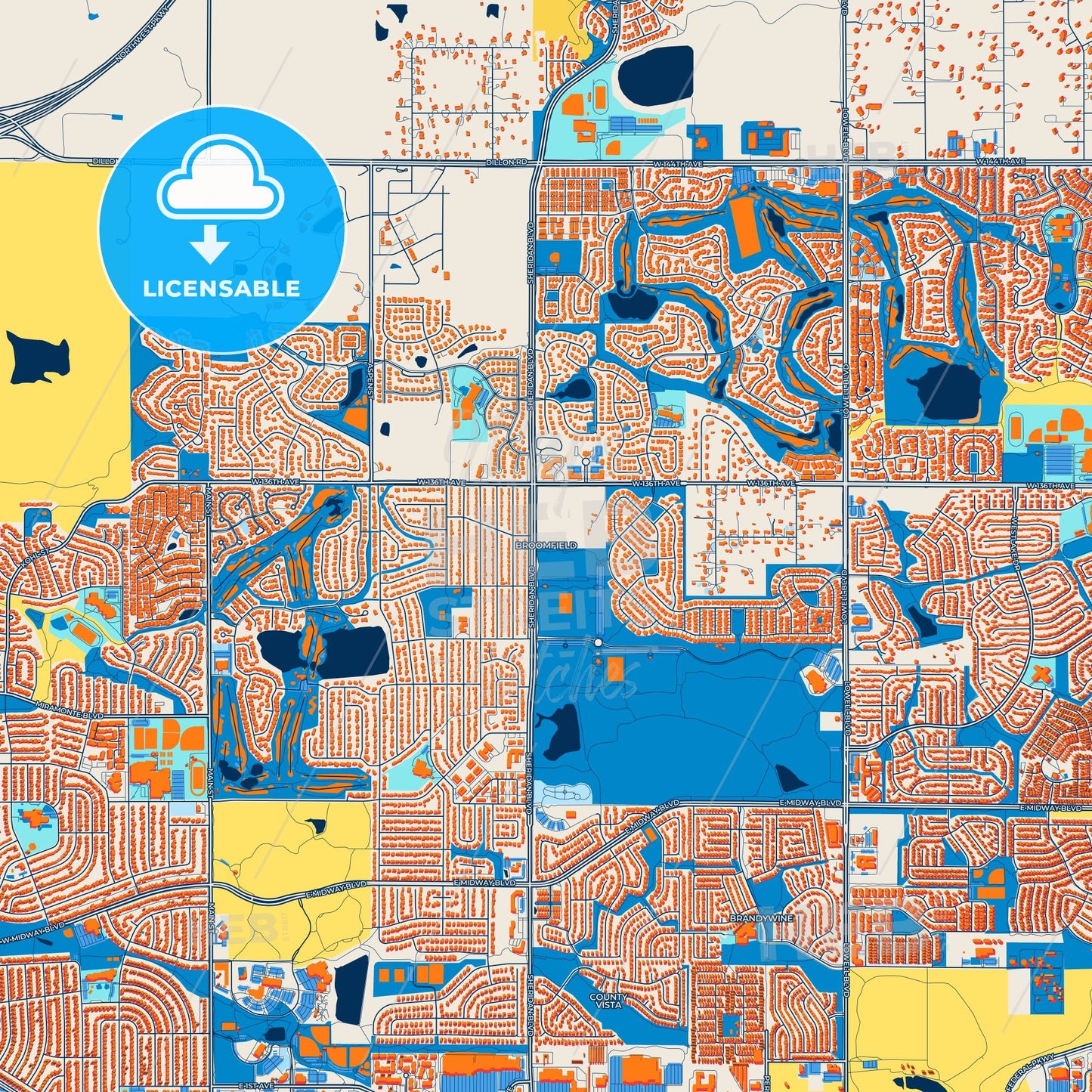 Colorful Broomfield Street Map with Labels and Buildings