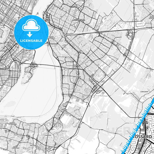 Brossard, Canada light map with streetnames, citynames and districts