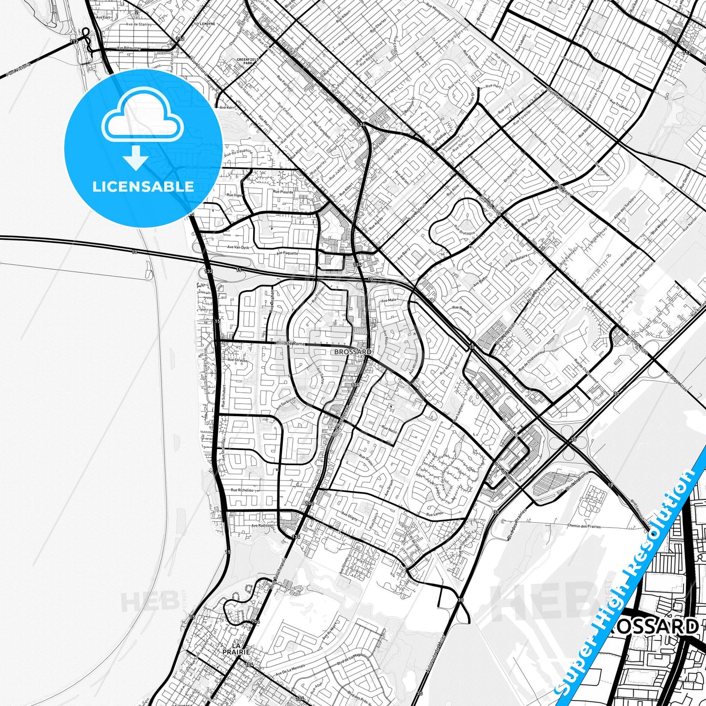 Brossard, Canada Light Map with Street Names, City Names, and Districts