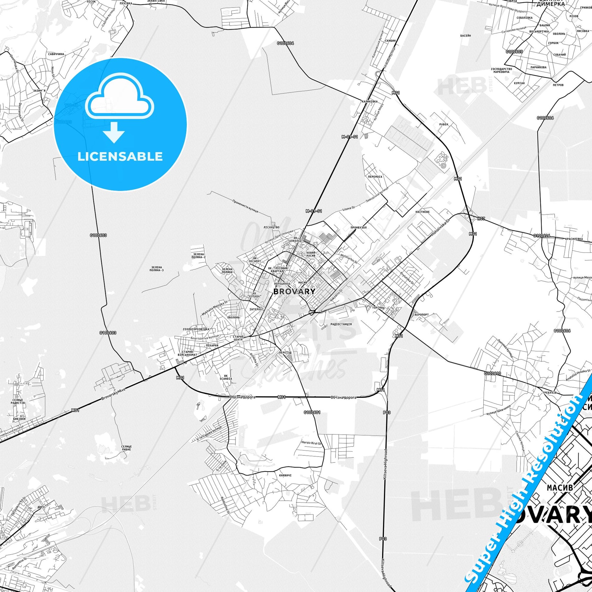 Brovary, Ukraine light map with streetnames, citynames and districts
