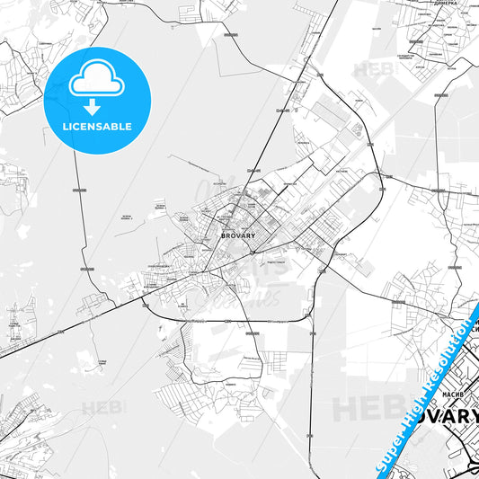 Brovary, Ukraine light map with streetnames, citynames and districts