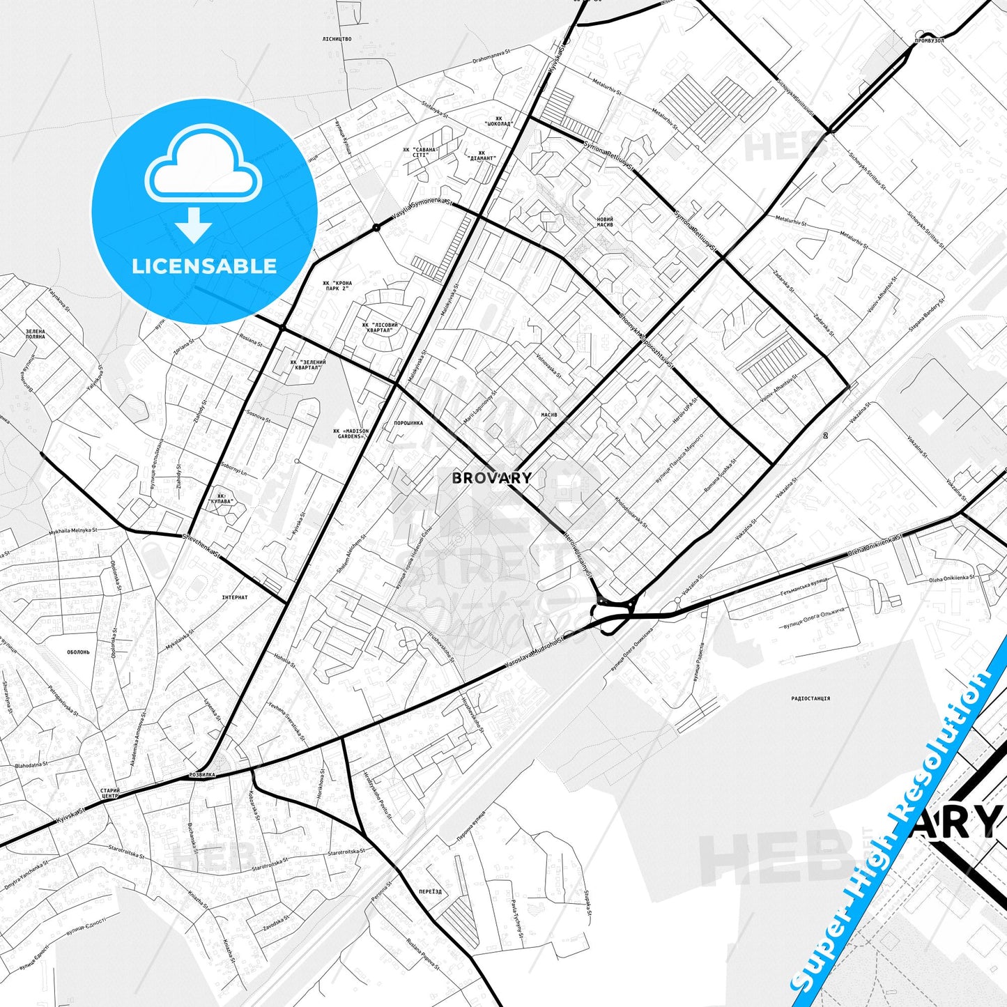 Brovary, Ukraine Light Map with Street Names, City Names, and Districts
