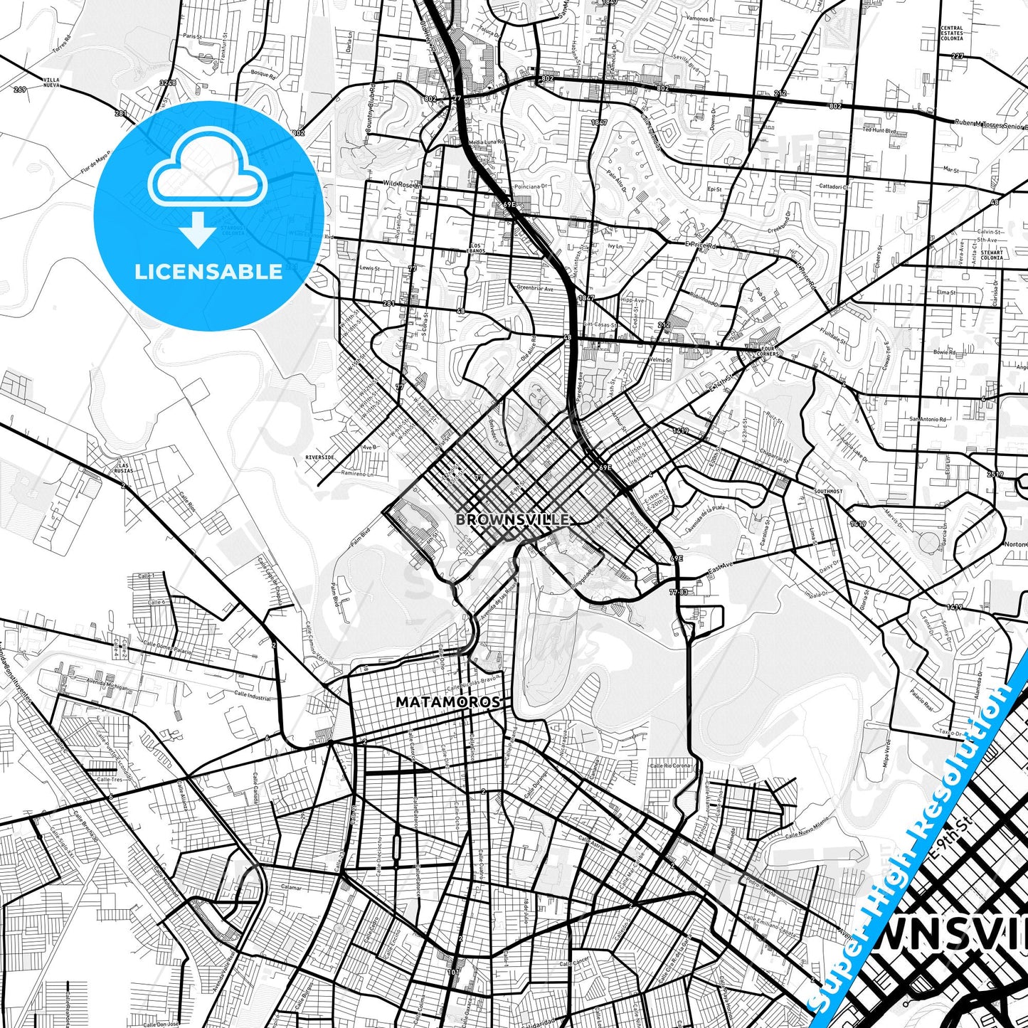 Brownsville, Texas Light Map with Street Names, City Names, and Districts