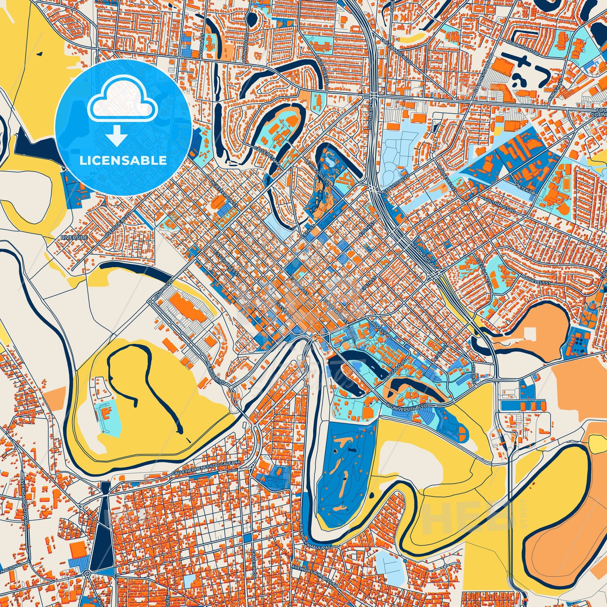 Colorful Brownsville Street Map with Labels and Buildings