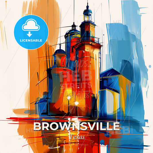 Vibrant Brownsville, Texas - A Painting Of A Building With A Light Post And A Street Light - Square format print template
