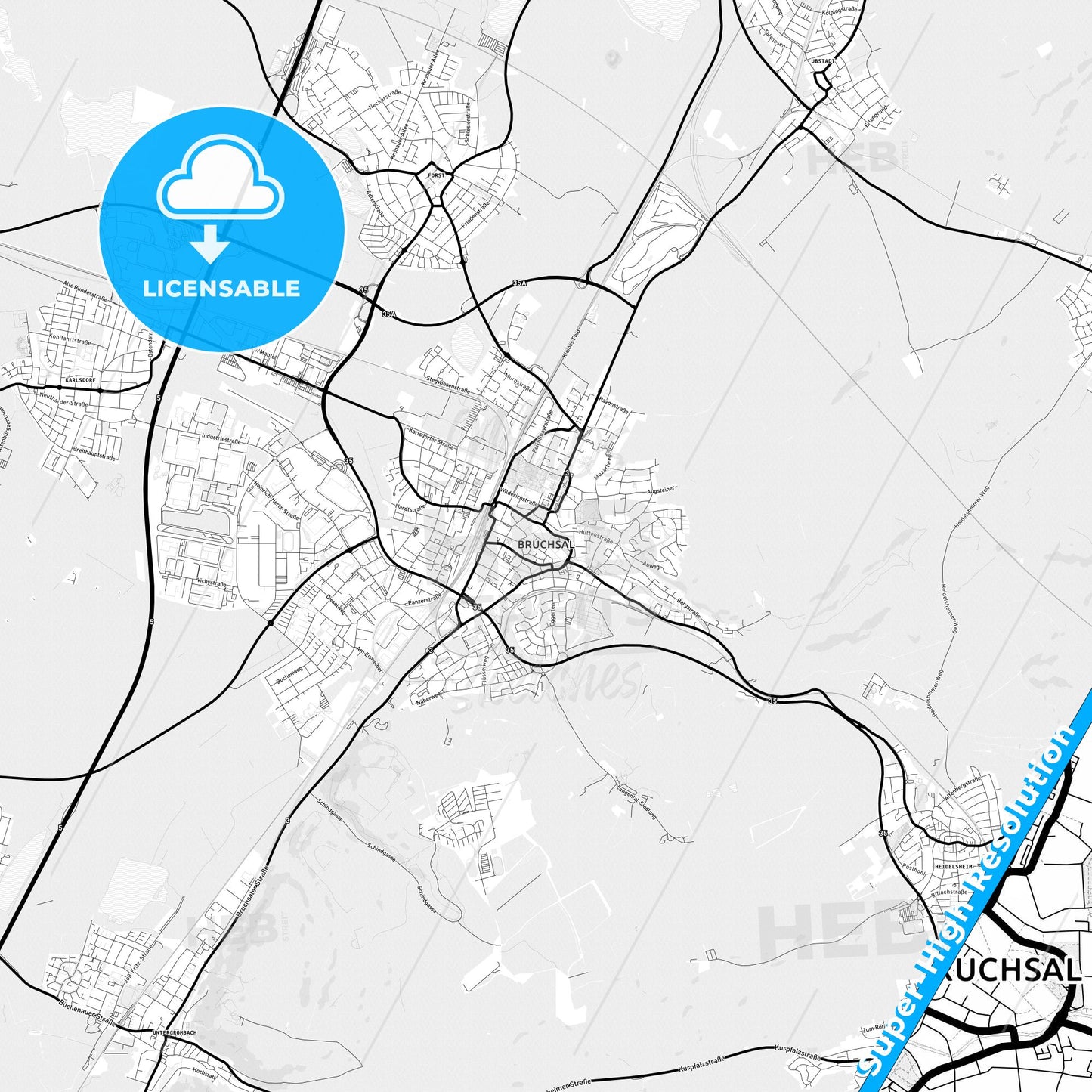 Bruchsal, Germany Light Map with Street Names, City Names, and Districts