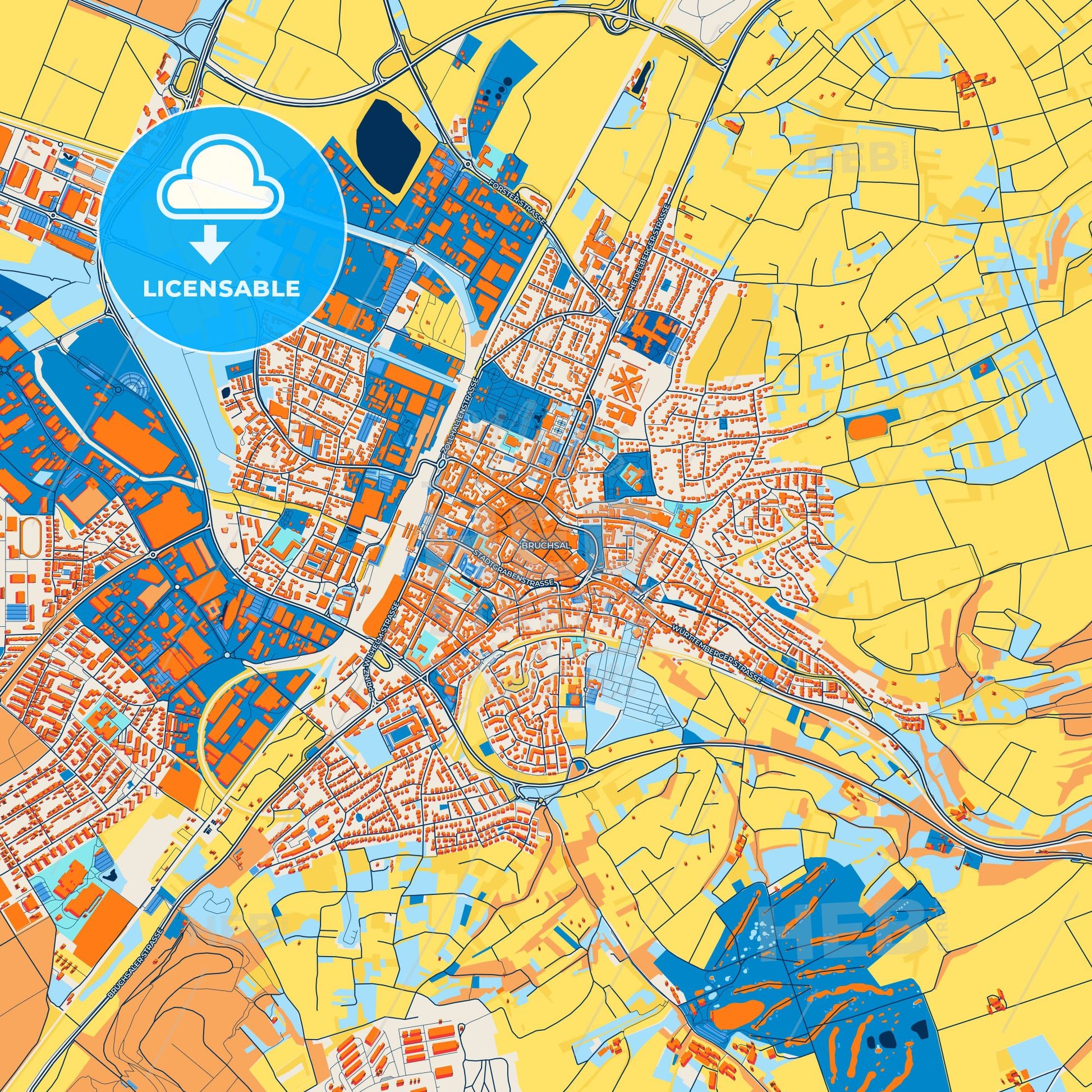 Colorful Bruchsal Street Map with Labels and Buildings