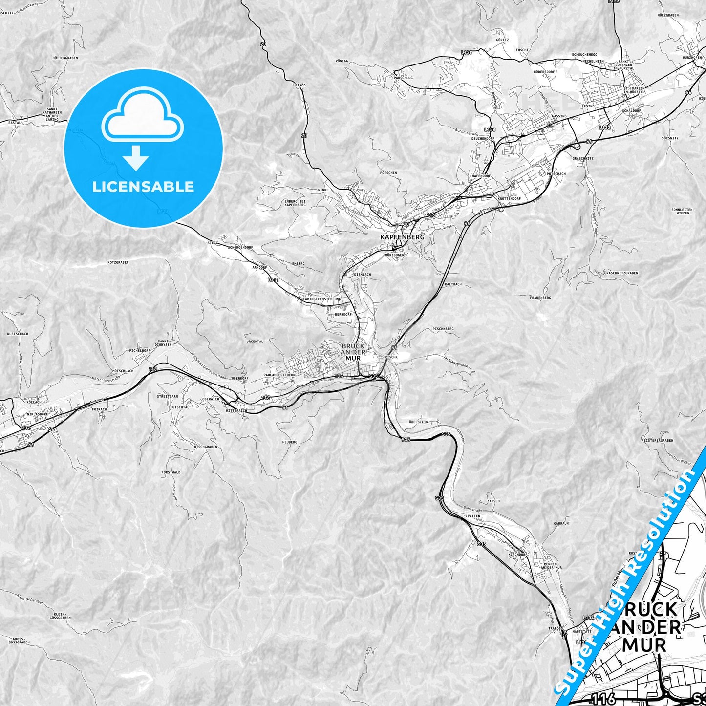 Bruck an der Mur, Austria light map with streetnames, citynames and districts