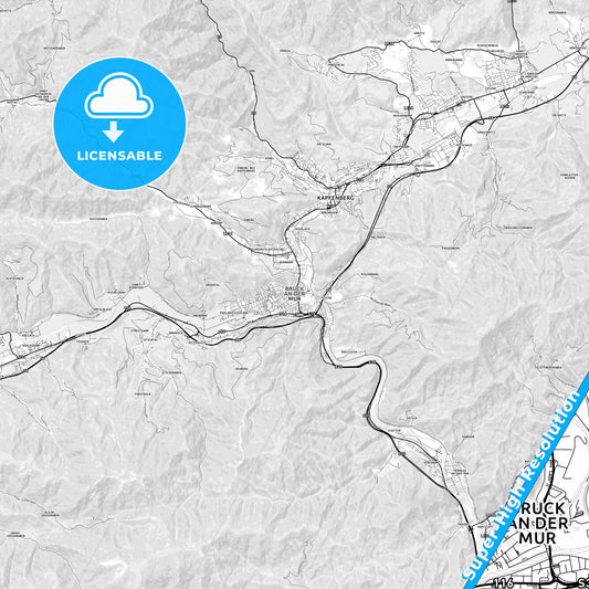 Bruck an der Mur, Austria light map with streetnames, citynames and districts