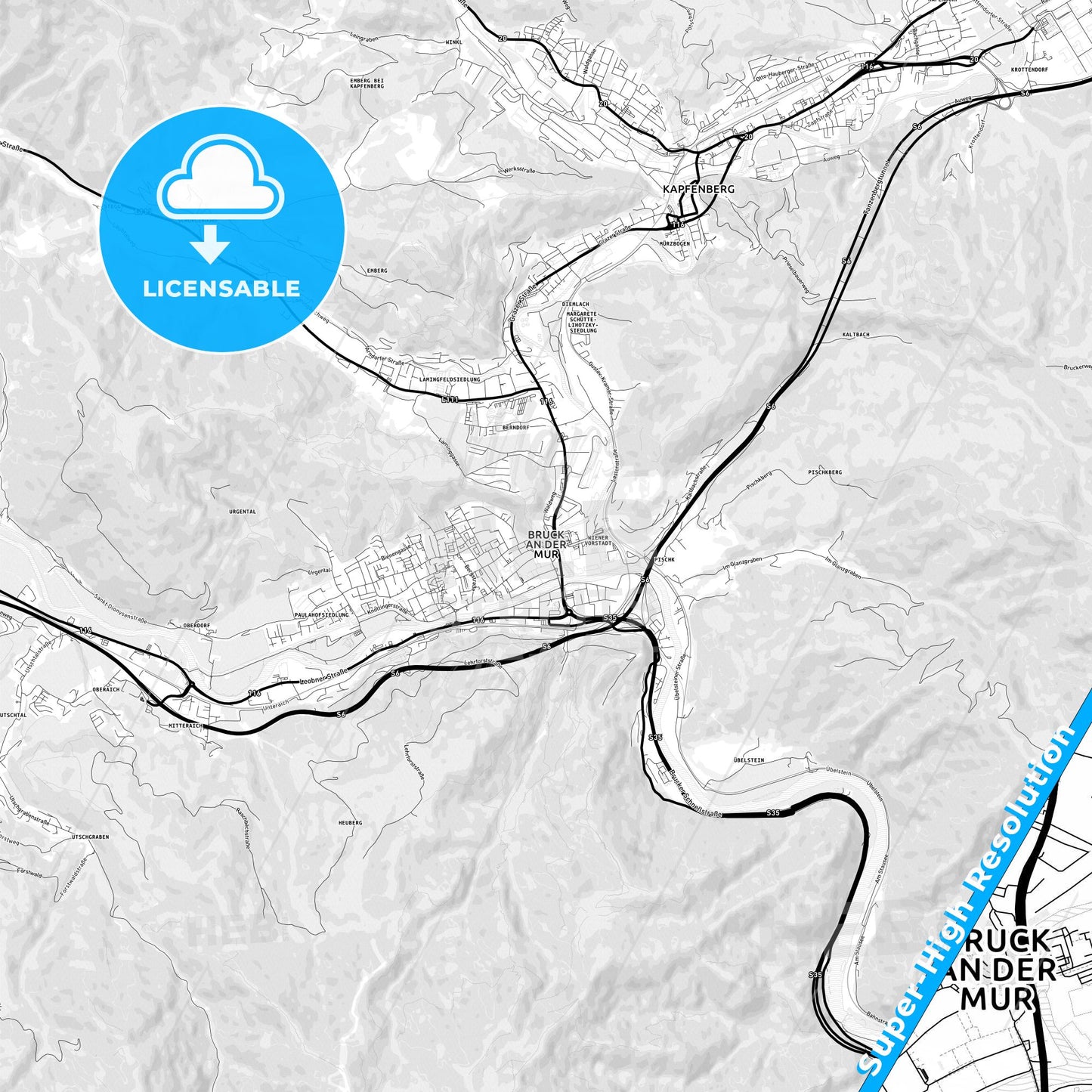 Bruck an der Mur, Austria Light Map with Street Names, City Names, and Districts