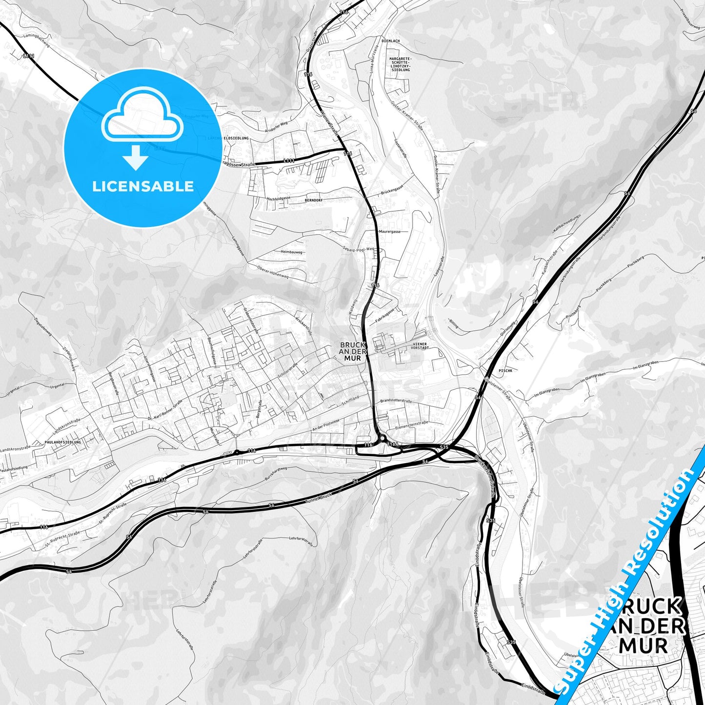 Bruck an der Mur, Austria Light Map with Street Names, City Names, and Districts