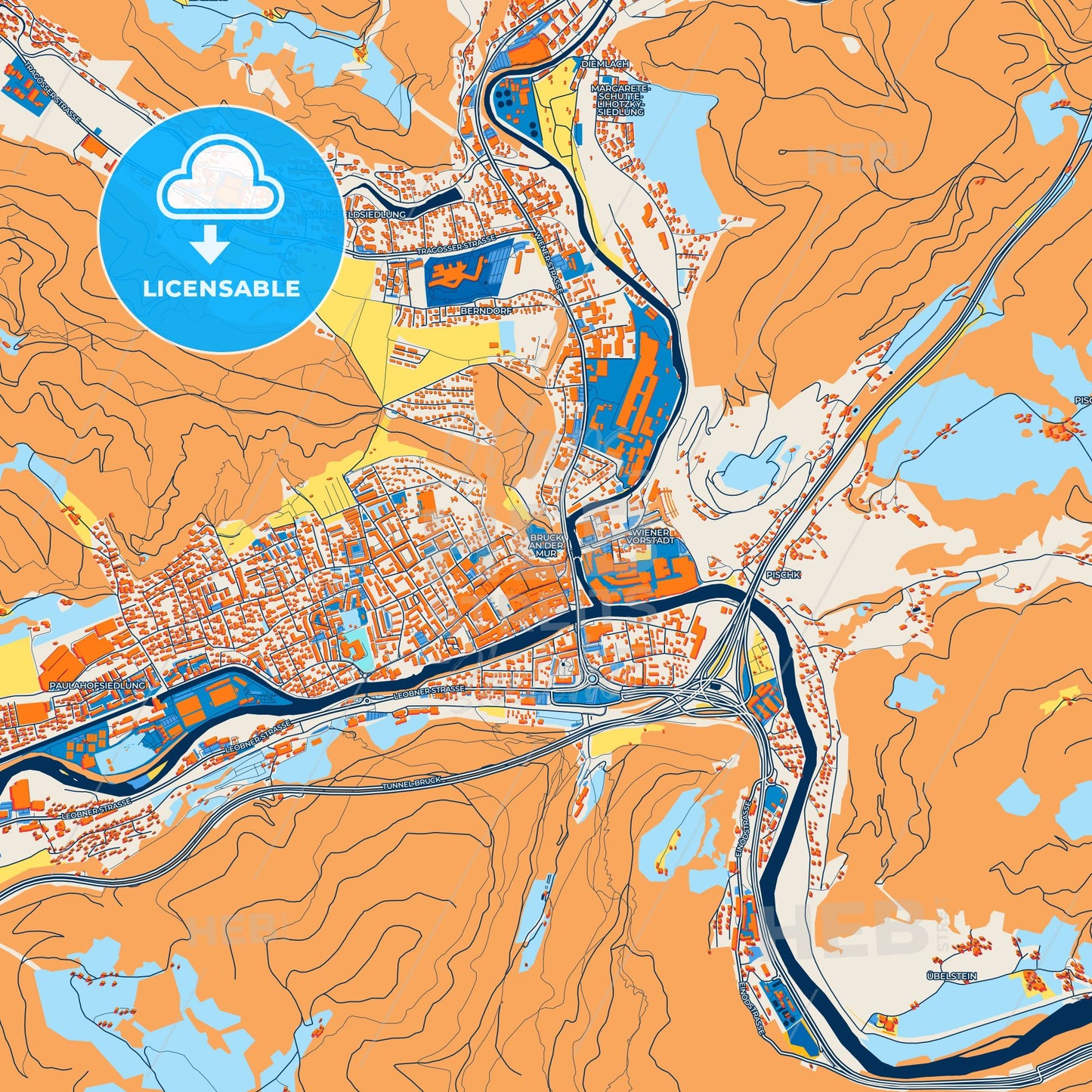Colorful Bruck an der Mur Street Map with Labels and Buildings