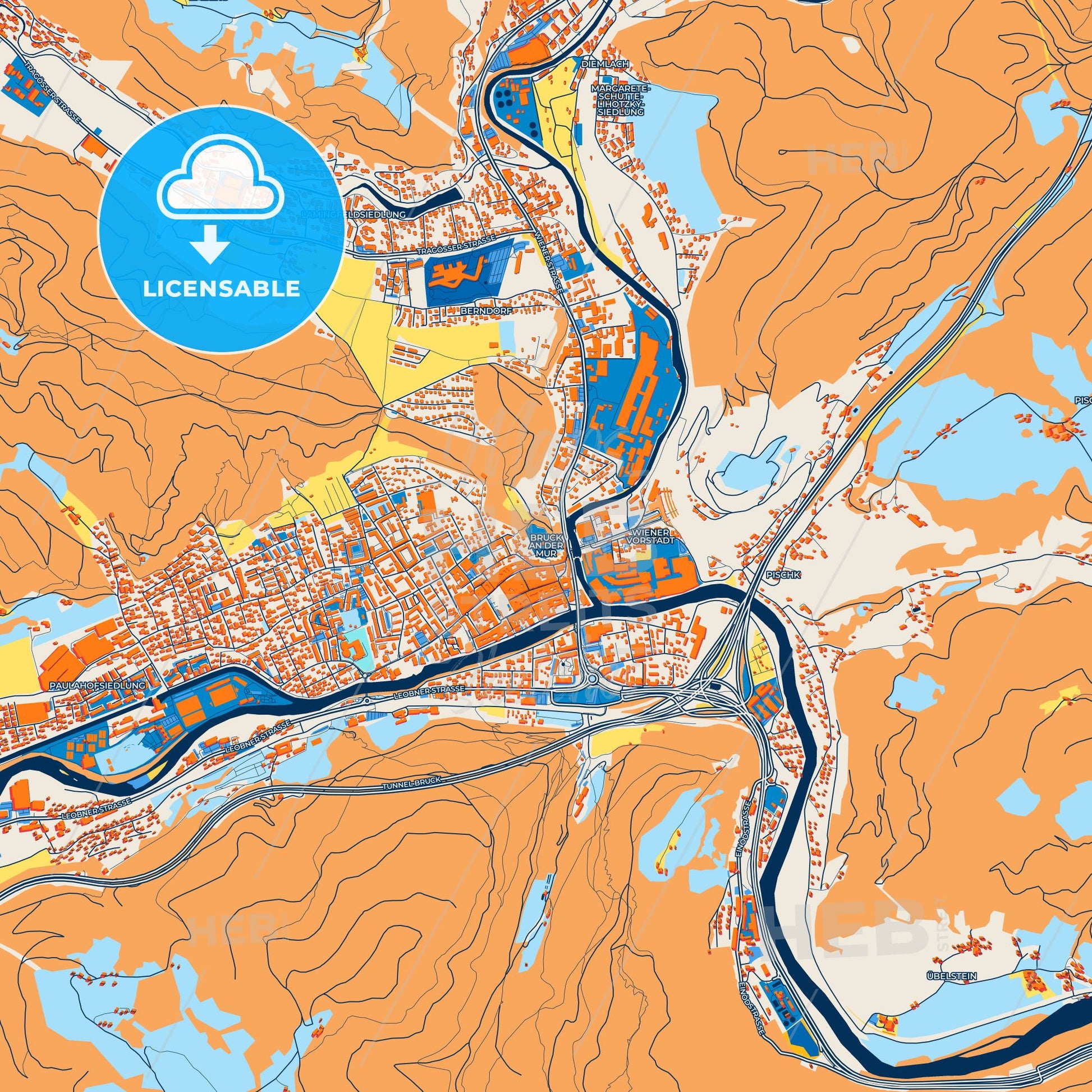 Colorful Bruck an der Mur Street Map with Labels and Buildings
