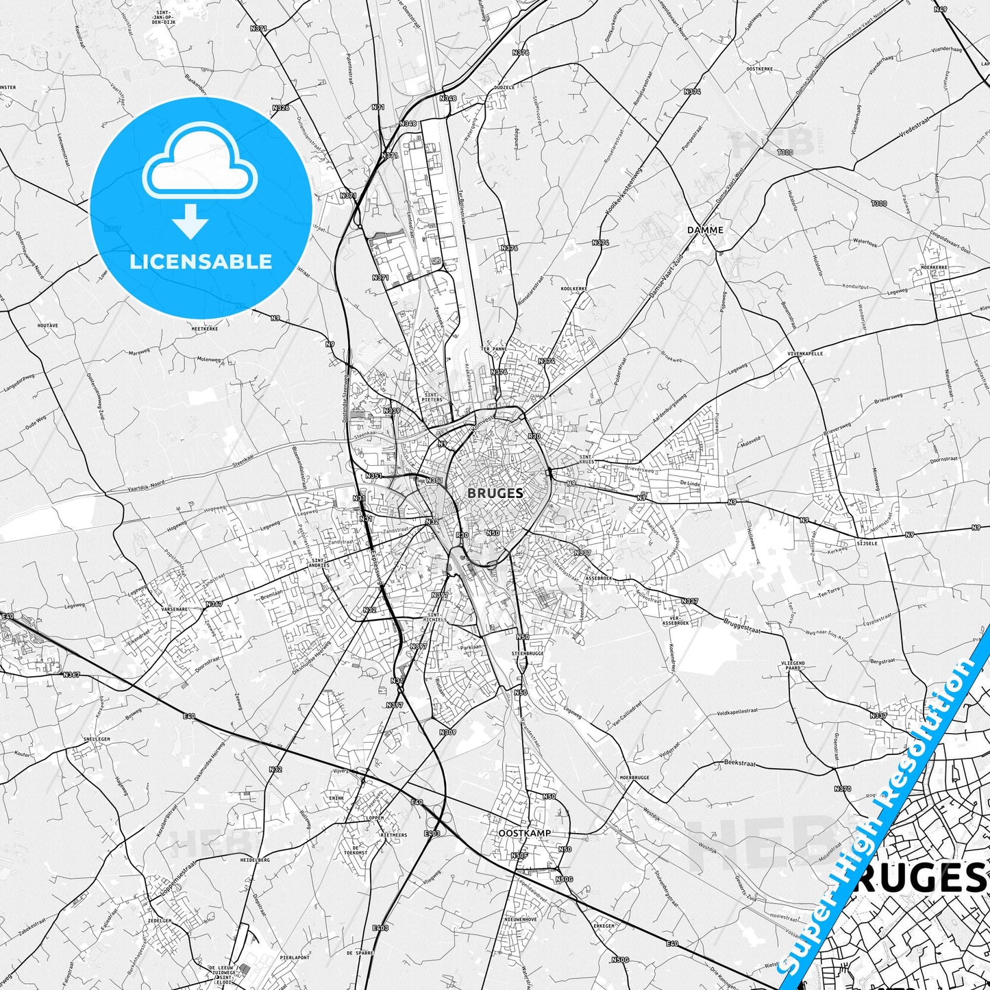 Bruges, Belgium light map with streetnames, citynames and districts