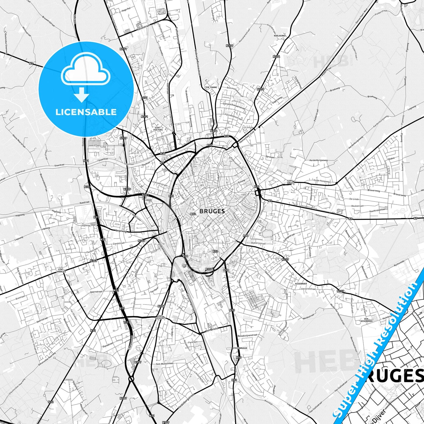 Bruges, Belgium Light Map with Street Names, City Names, and Districts
