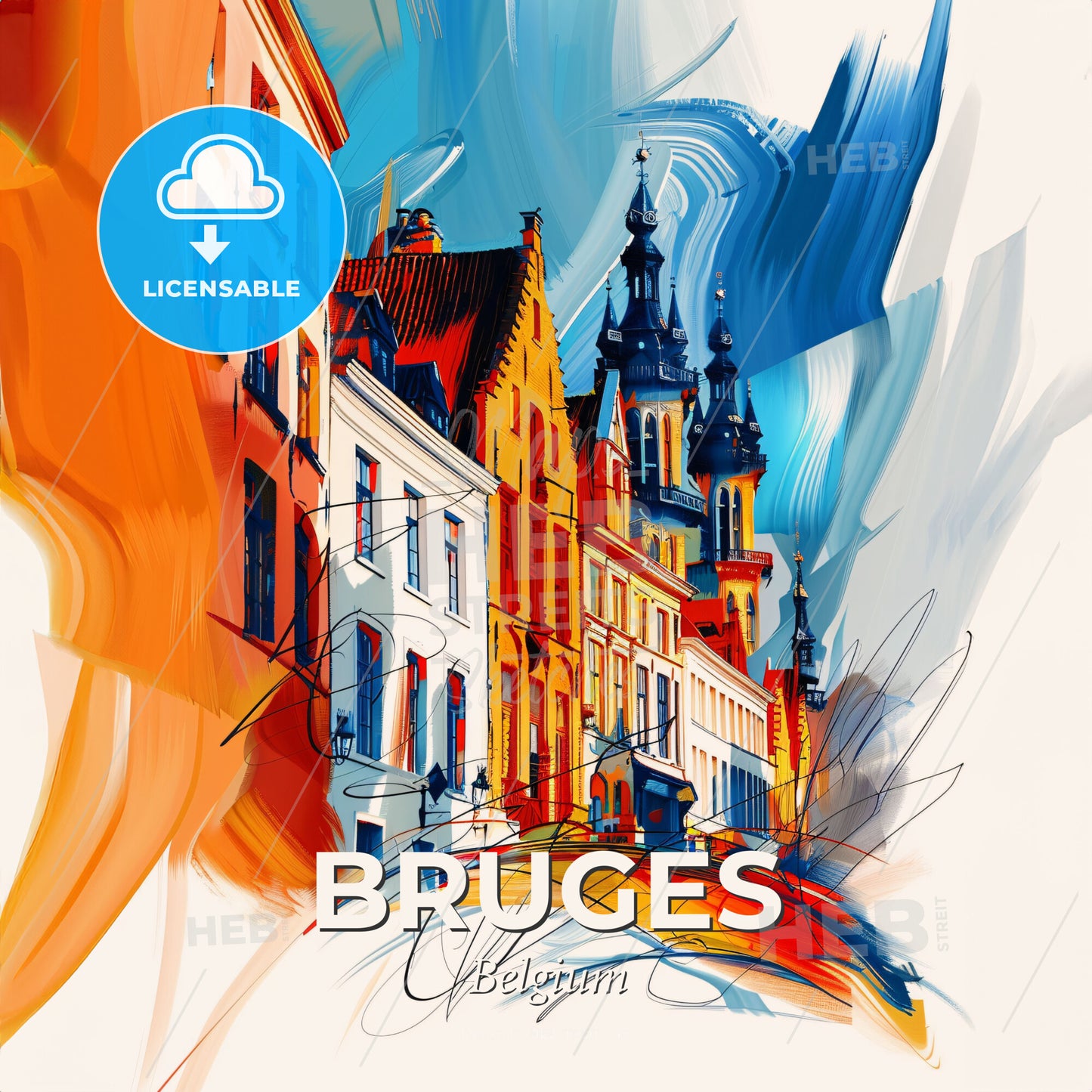 Vibrant Bruges , Belgium - A Colorful Painting Of Buildings - Square format print template
