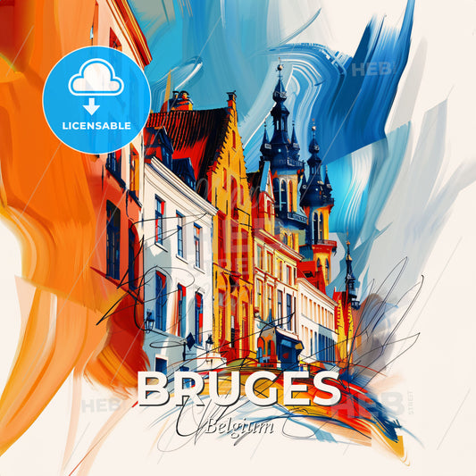 Vibrant Bruges , Belgium - A Colorful Painting Of Buildings - Square format print template