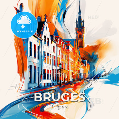 Vibrant Bruges , Belgium - A Colorful Street With Buildings And A Church - Square format print template