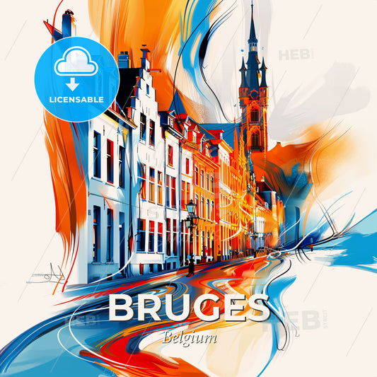 Vibrant Bruges , Belgium - A Colorful Street With Buildings And A Church - Square format print template