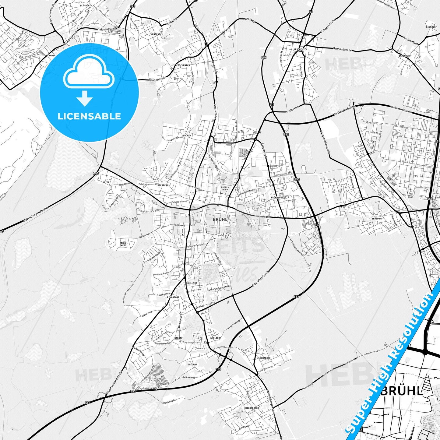 Bruhl, Germany Light Map with Street Names, City Names, and Districts