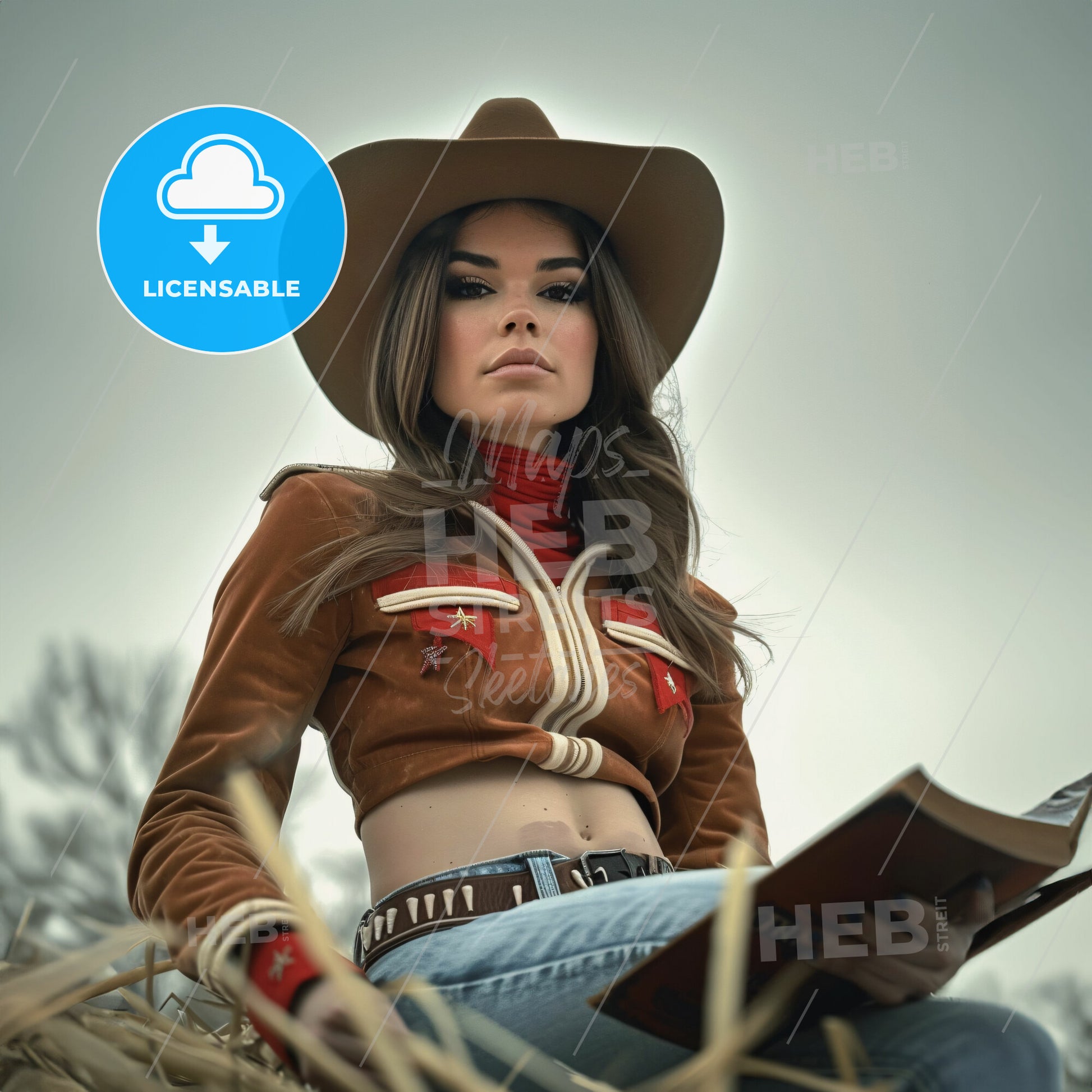 Brunette Model Wearing A Hat Sitting In Straw - A Woman In A Cowboy Hat And Jacket Sitting On Hay