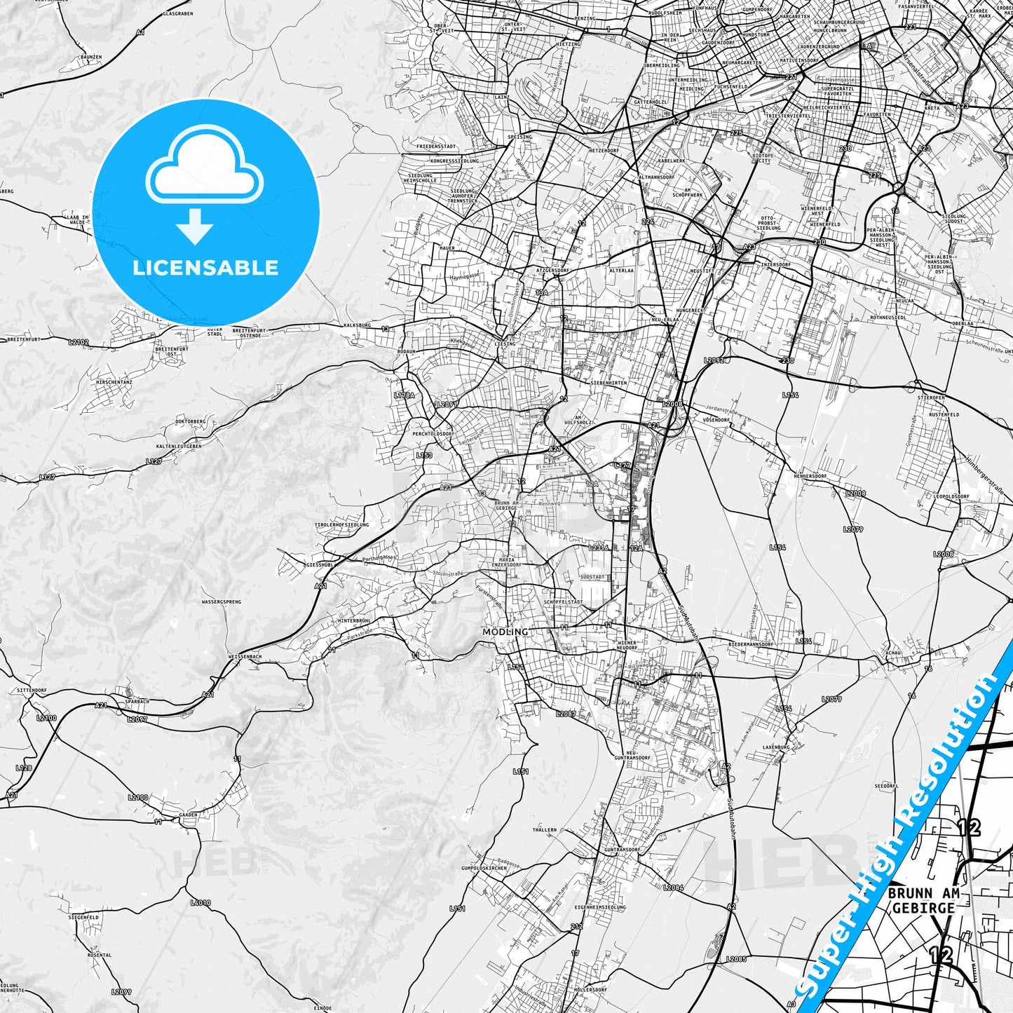 Brunn am Gebirge, Austria light map with streetnames, citynames and districts
