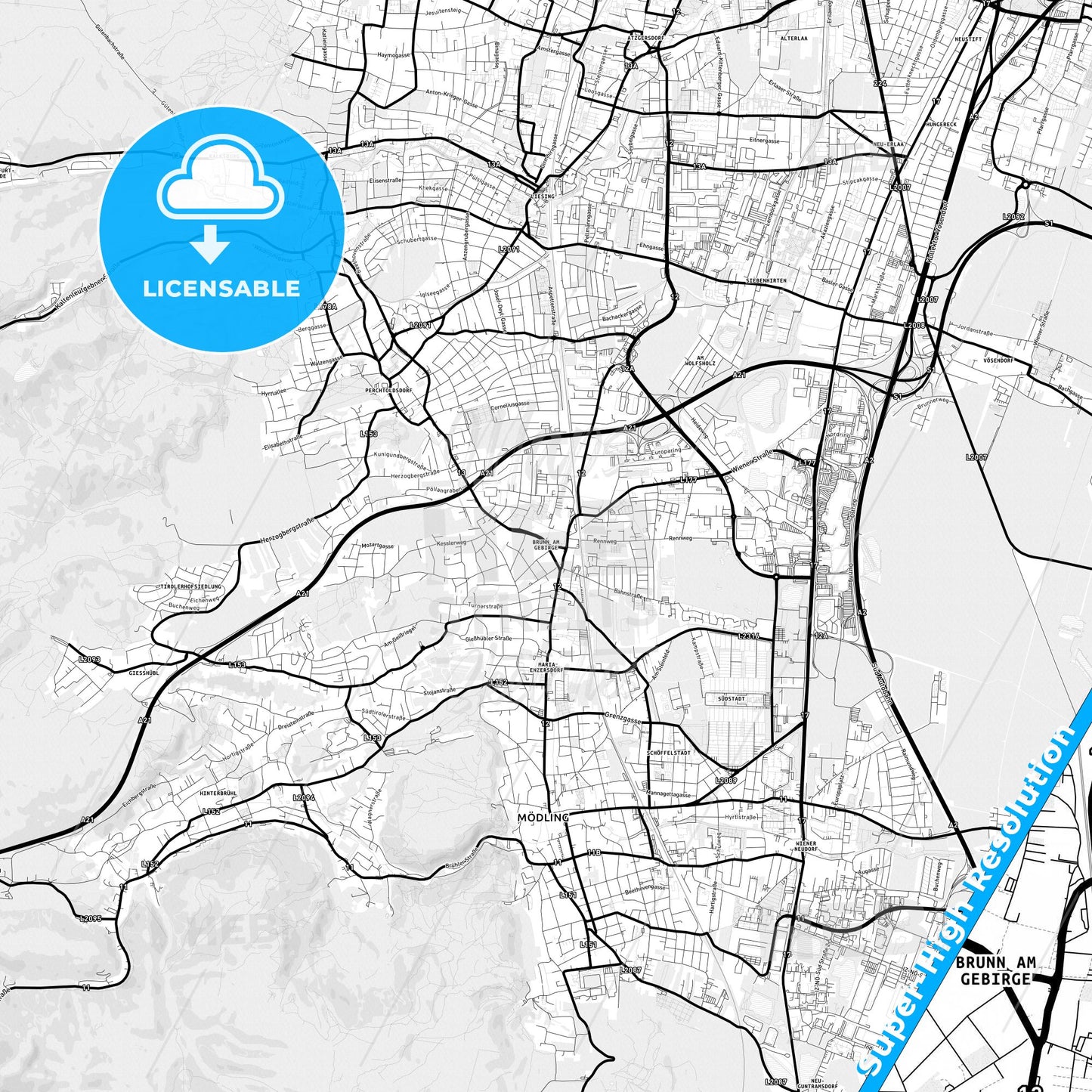 Brunn am Gebirge, Austria Light Map with Street Names, City Names, and Districts