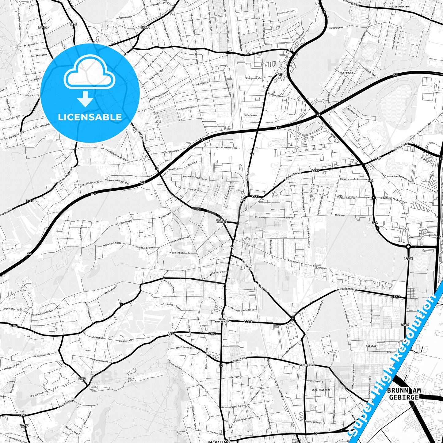 Brunn am Gebirge, Austria Light Map with Street Names, City Names, and Districts