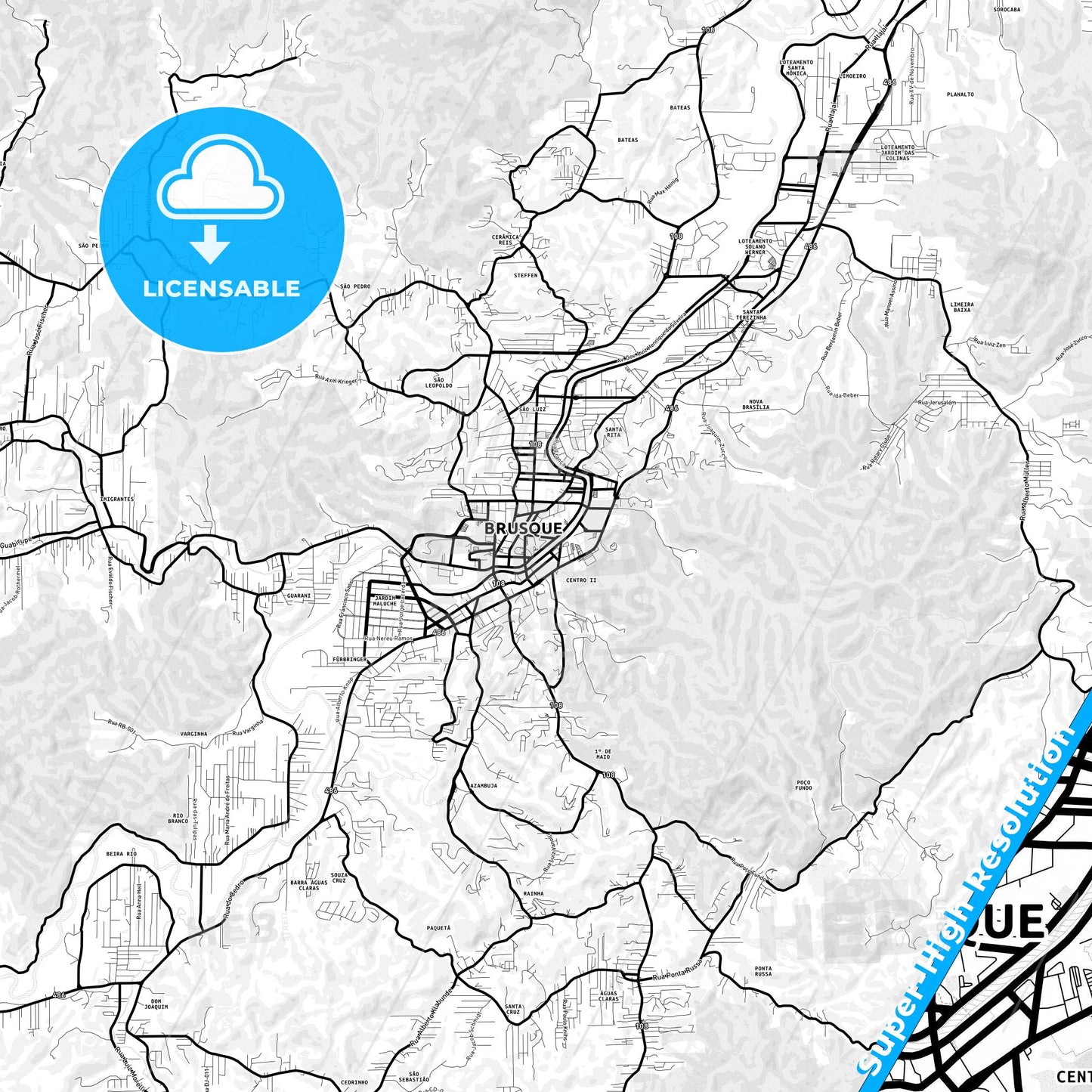 Brusque, Brazil Light Map with Street Names, City Names, and Districts