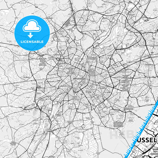 Brussels, Belgium light map with streetnames, citynames and districts