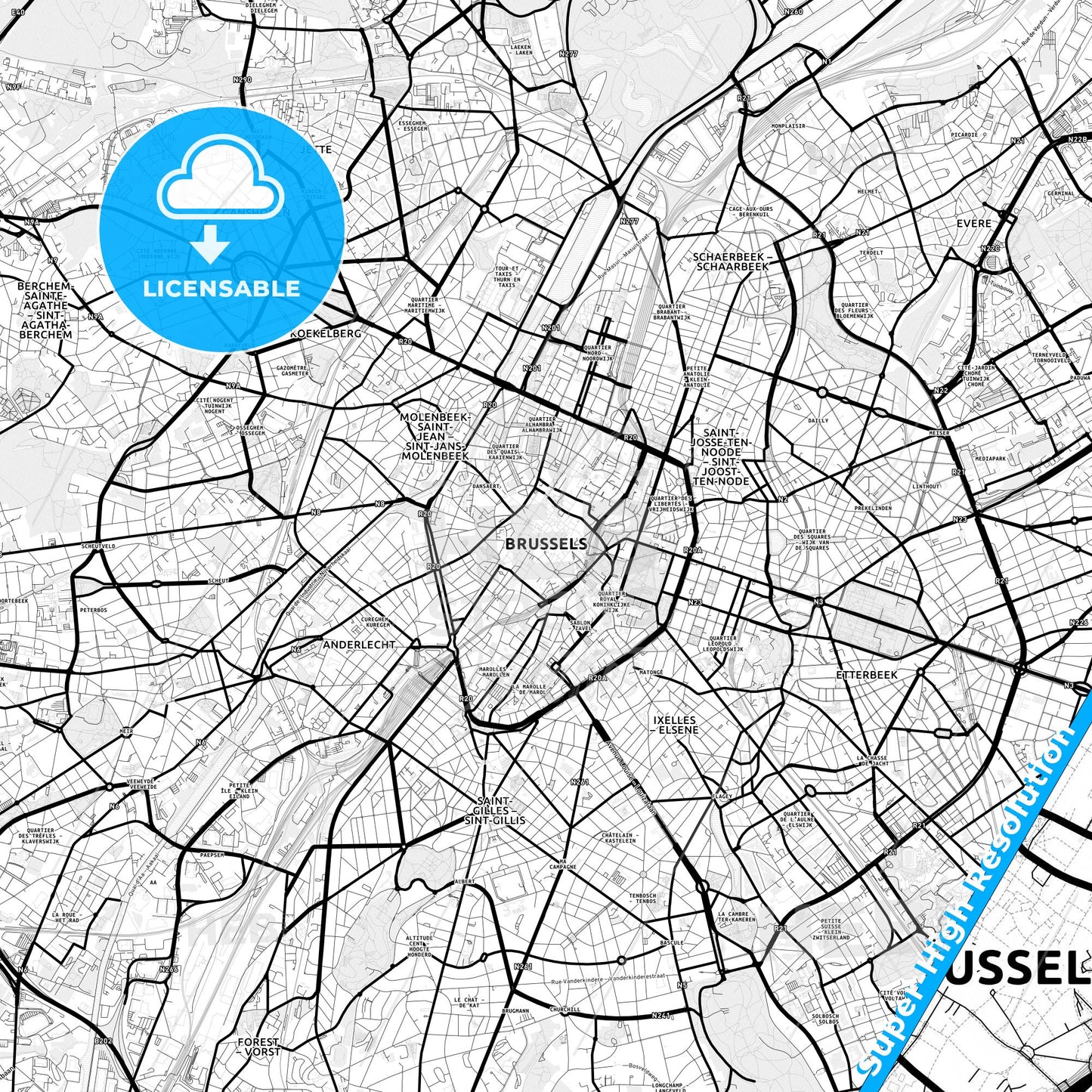 Brussels, Belgium Light Map with Street Names, City Names, and Districts
