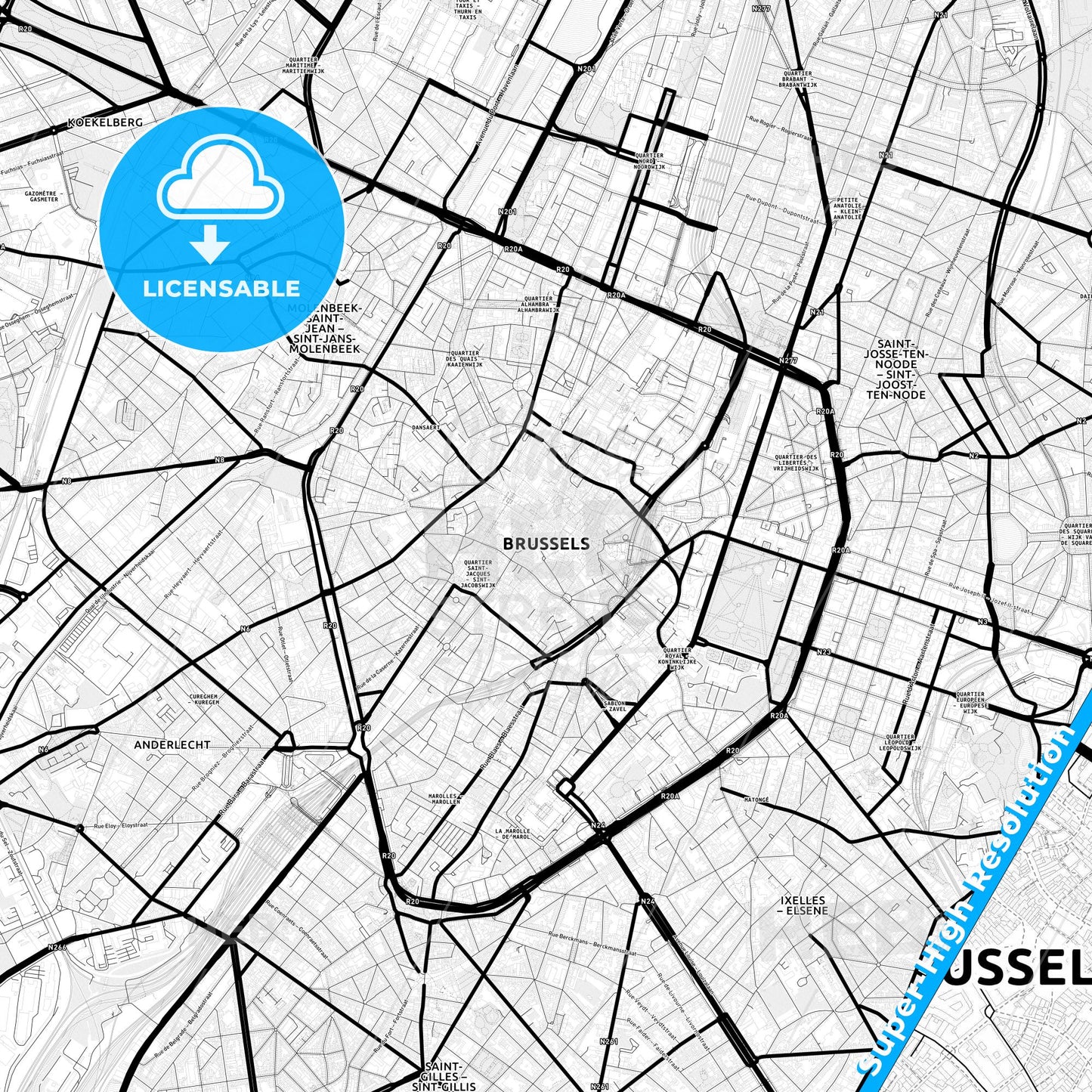 Brussels, Belgium Light Map with Street Names, City Names, and Districts