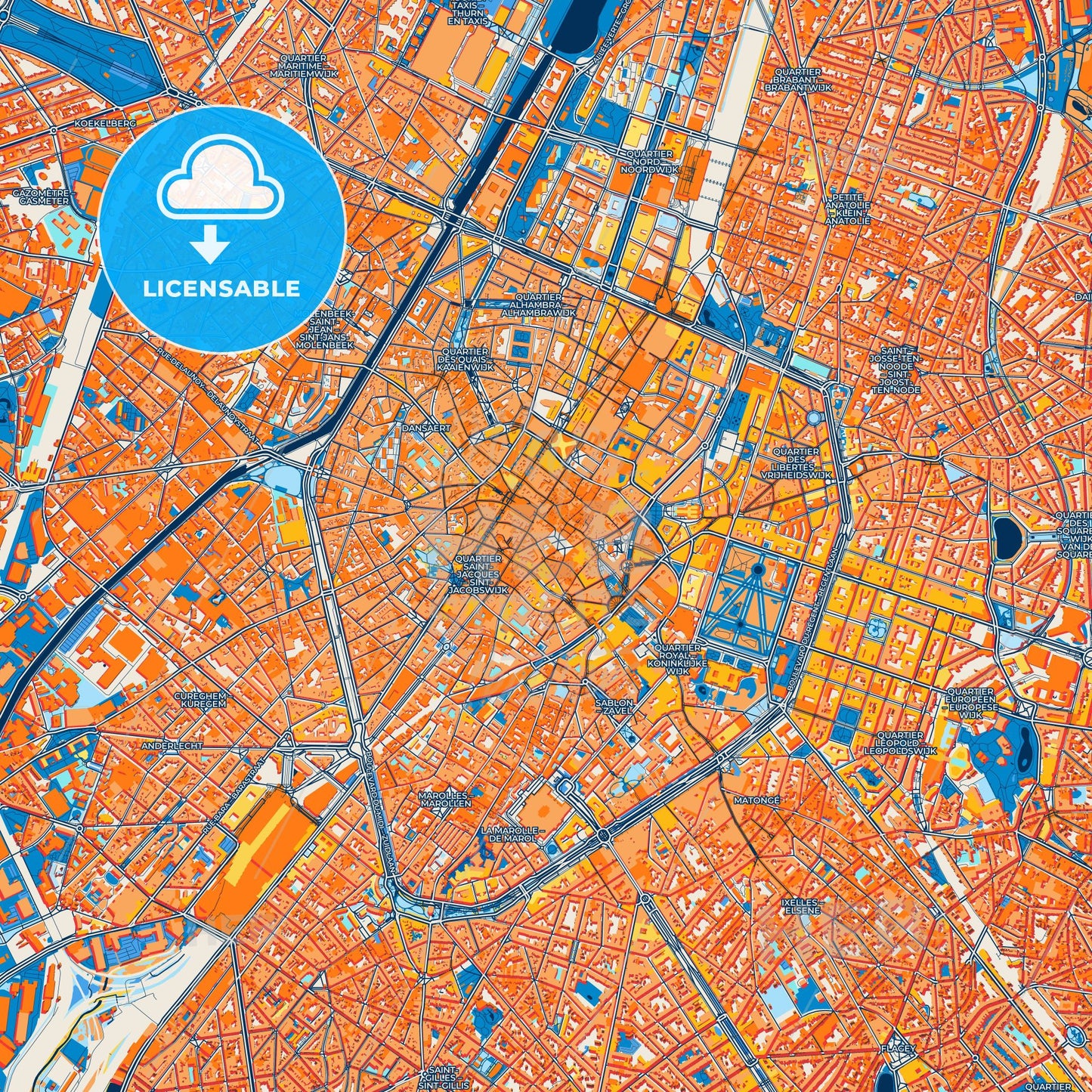 Colorful Brussels Street Map with Labels and Buildings